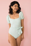 Lime Gingham Daisy One Piece Modest Dresses vendor-unknown
