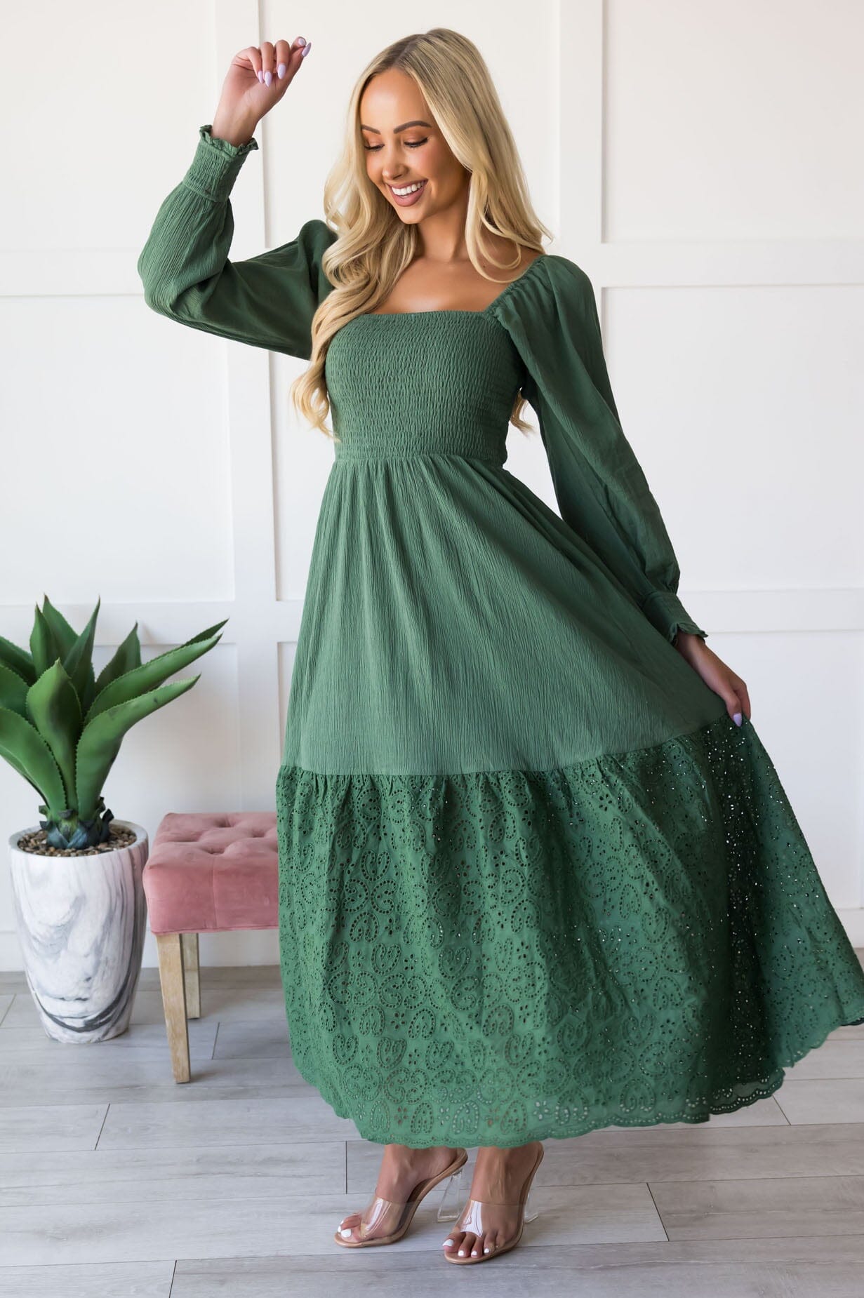 eyelet dress green Laura Midi Dress in Green Eyelet M