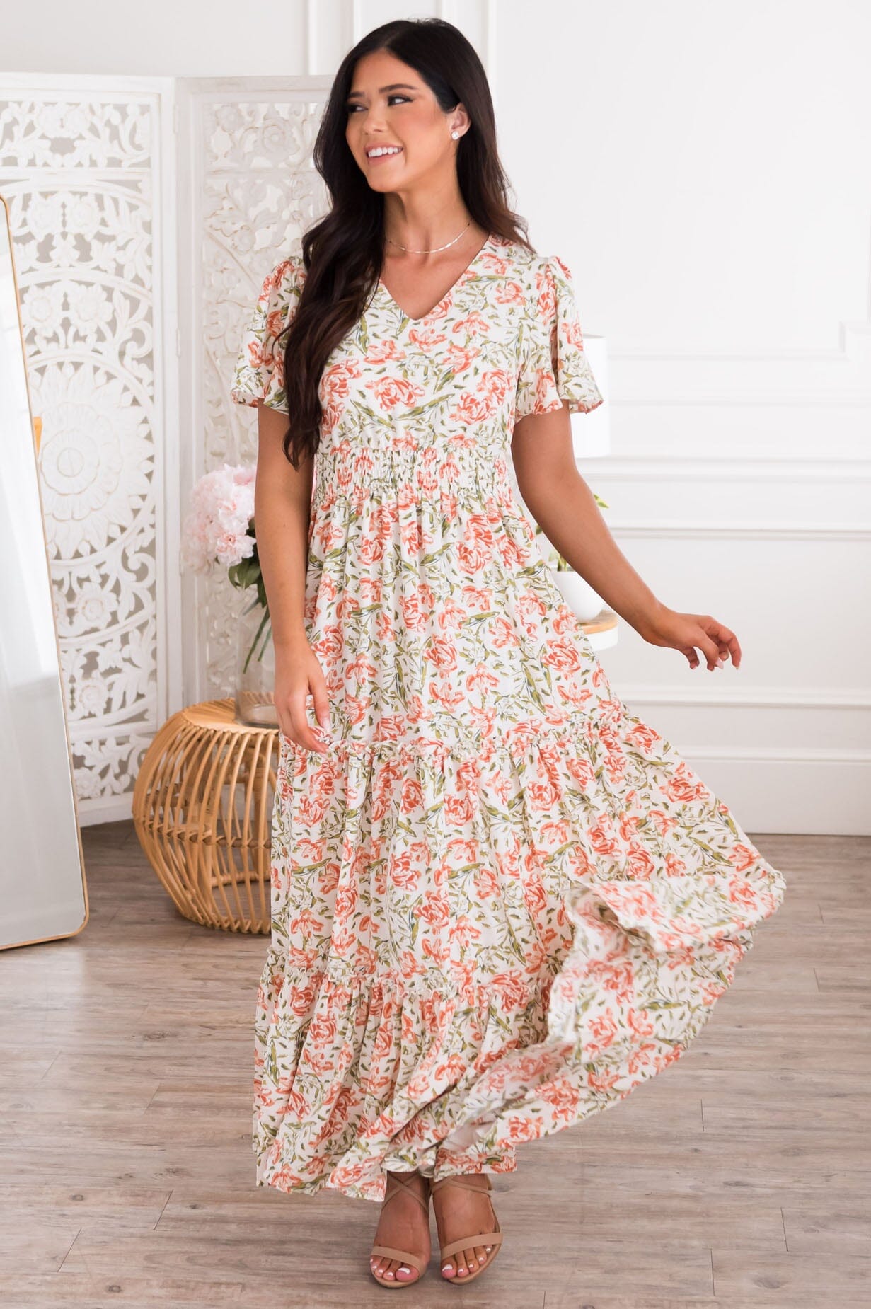 floral modest maxi dress Blue Floral Wrap-Style Modest Maxi Dress with Belt FineLook