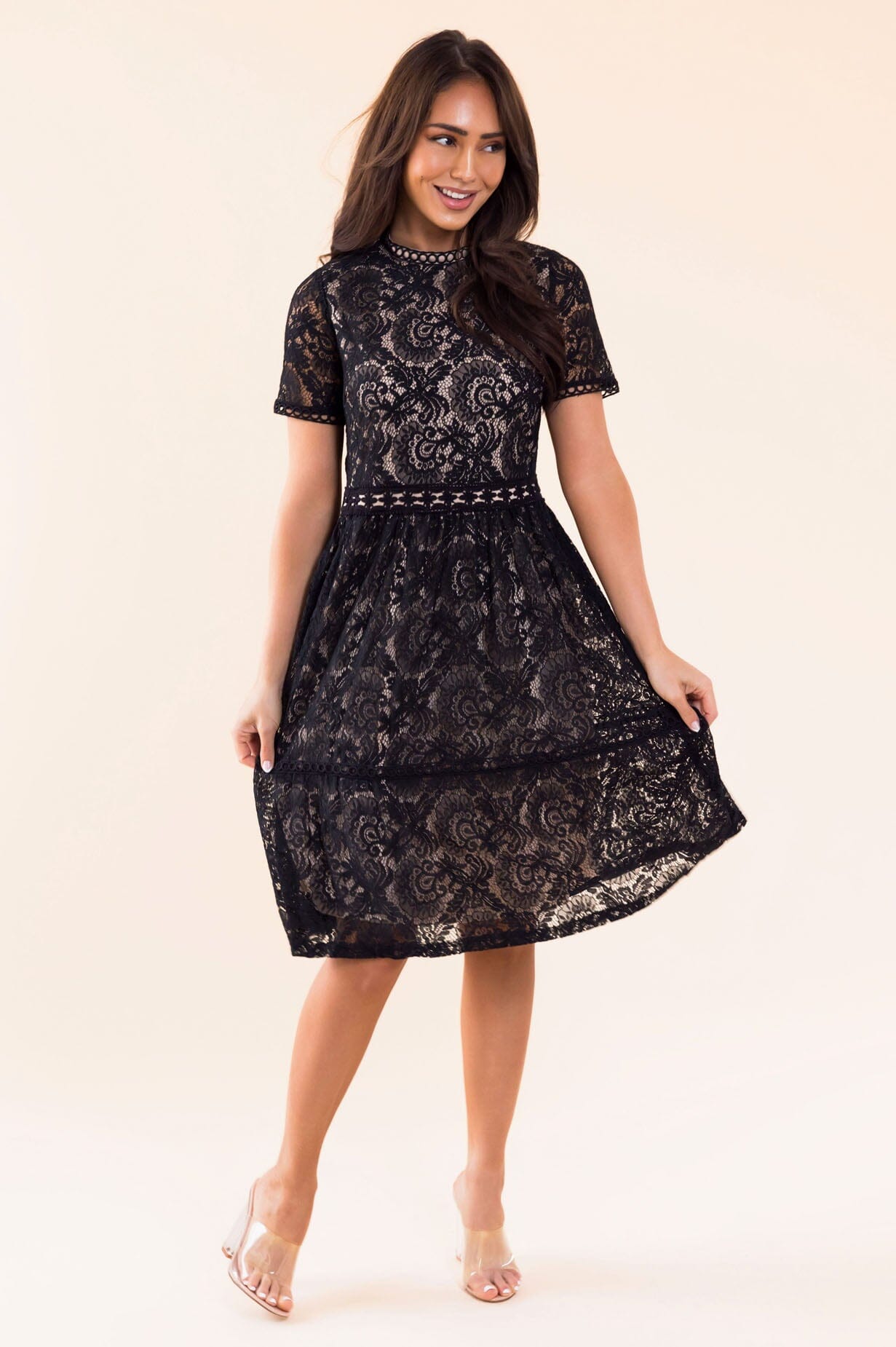 modest lace midi dress Bl-nk Satin Off-Shoulder Lace Midi Dress