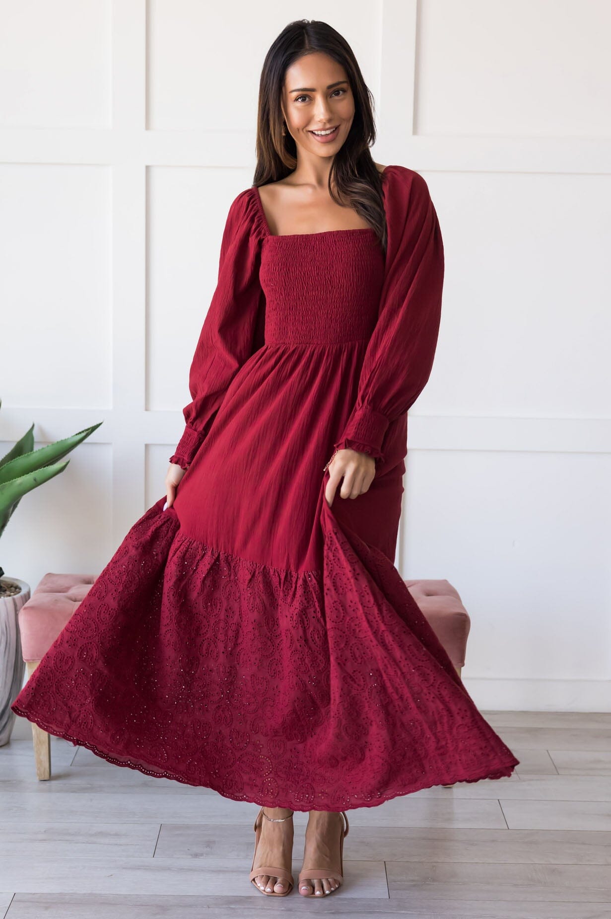 The Emalee Modest Eyelet Dress Deep Red / M | NeeSee's Dresses The Emalee Modest Eyelet Dress Deep Red / M | NeeSee's Dresses