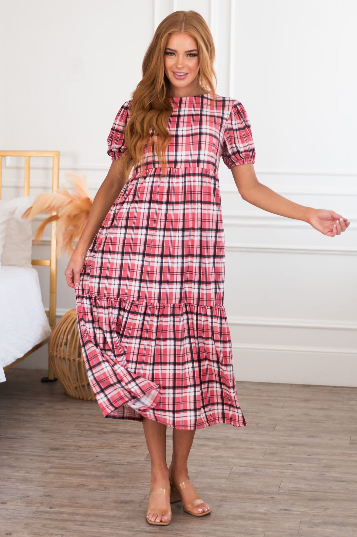 open lace back dress Pink Plaid V-Neck Midi Dress main image 0