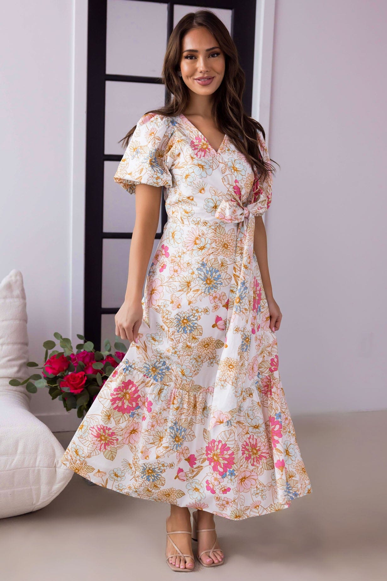 flowy feminine dresses Floral Print Puff Sleeve Square Neck Ruffle Midi Dress Romantic Flow Ro + Ivy