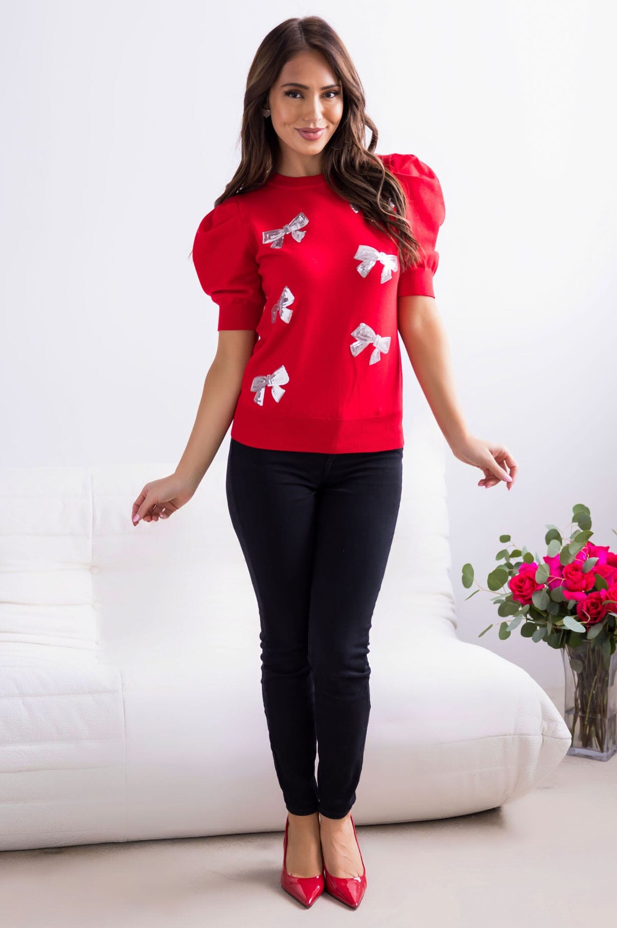 Pretty In Bows Puff Sleeve Sweater Modest Dresses vendor-unknown