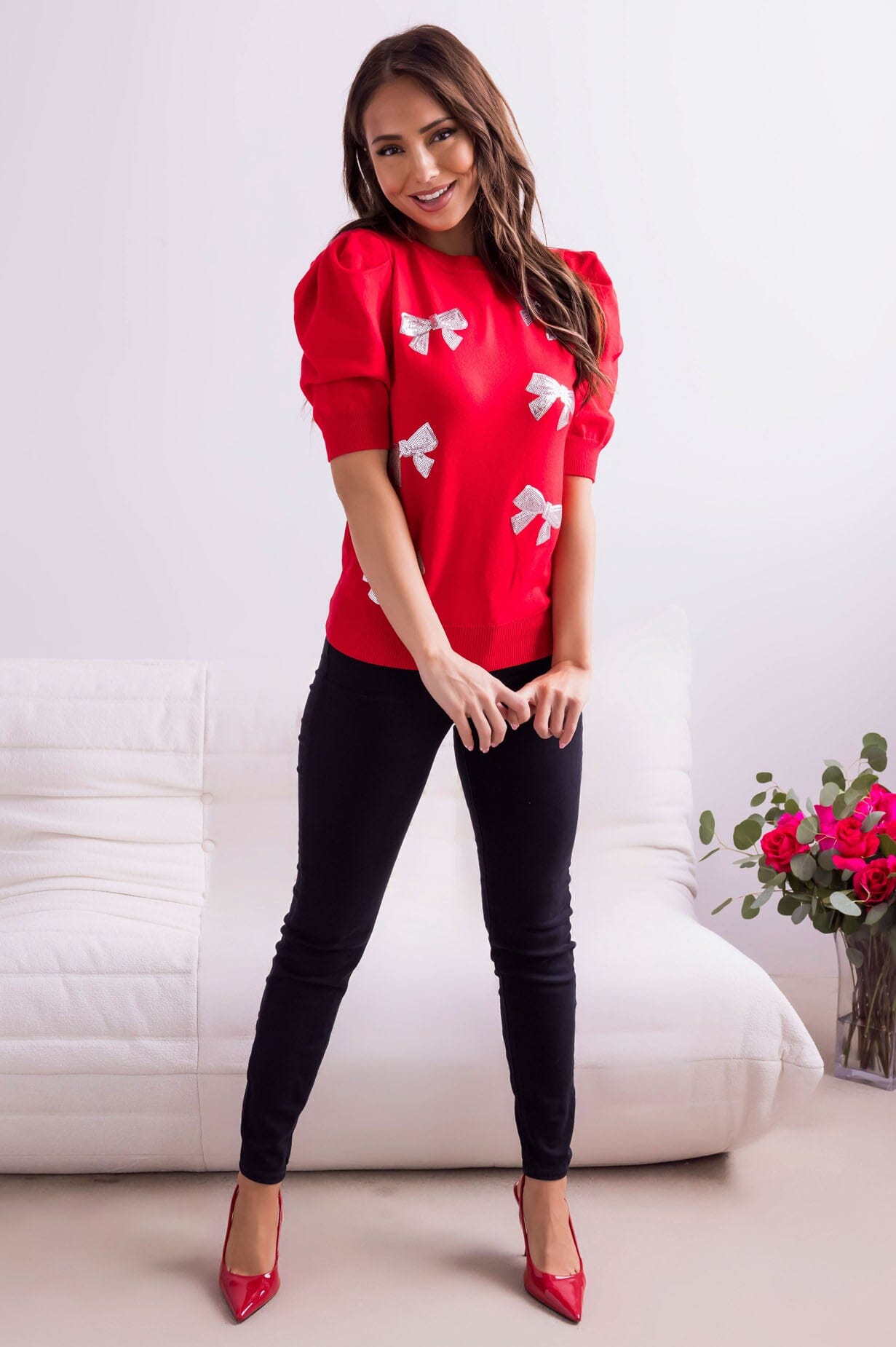 Pretty In Bows Puff Sleeve Sweater Modest Dresses vendor-unknown