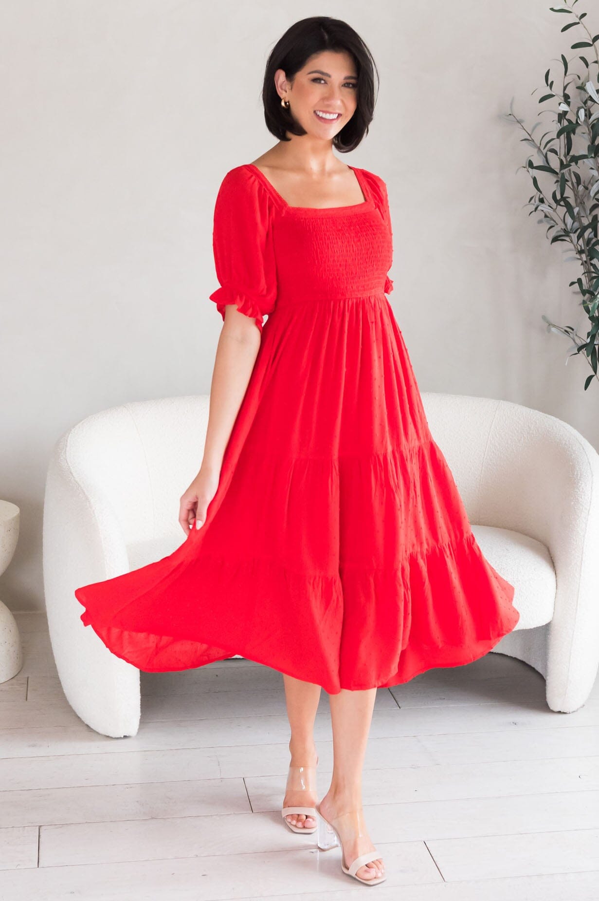modest red dress The Theadora Modest Swiss Dot Dress