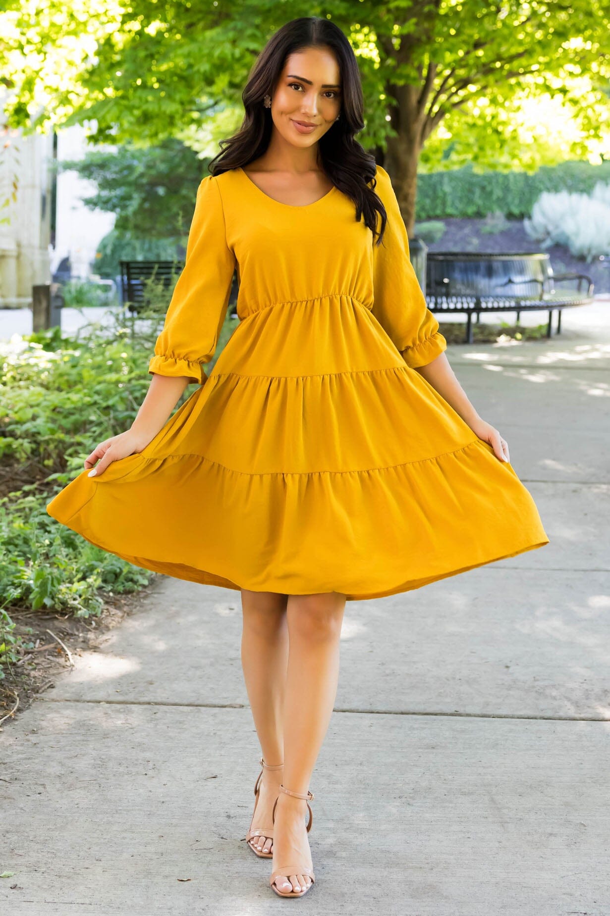 modest yellow dress The Auston Modest Tiered Dress