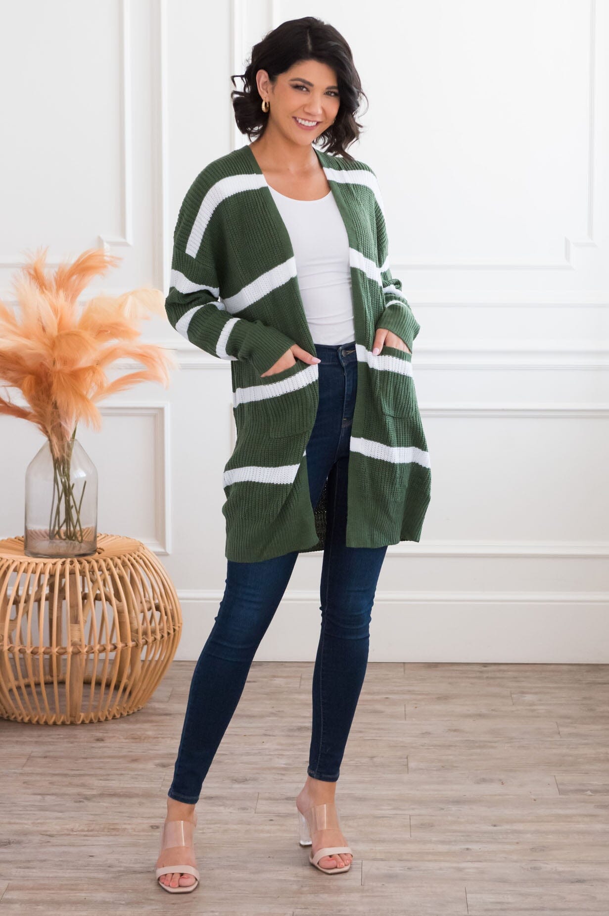 Ever So Stylish Modest Striped Cardigan Tops vendor-unknown