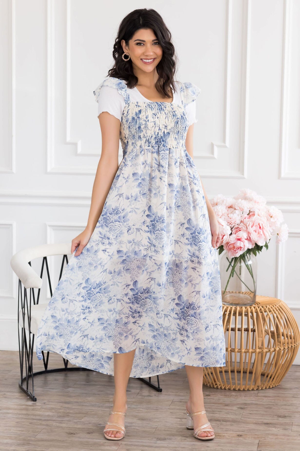 blue dress modest Dusty Blue A-Line Evening Gown | 3/4 Sleeve Lace Bodice Dress with Tulle  Overlay | Modest Formal Dress GL3629 main image 0