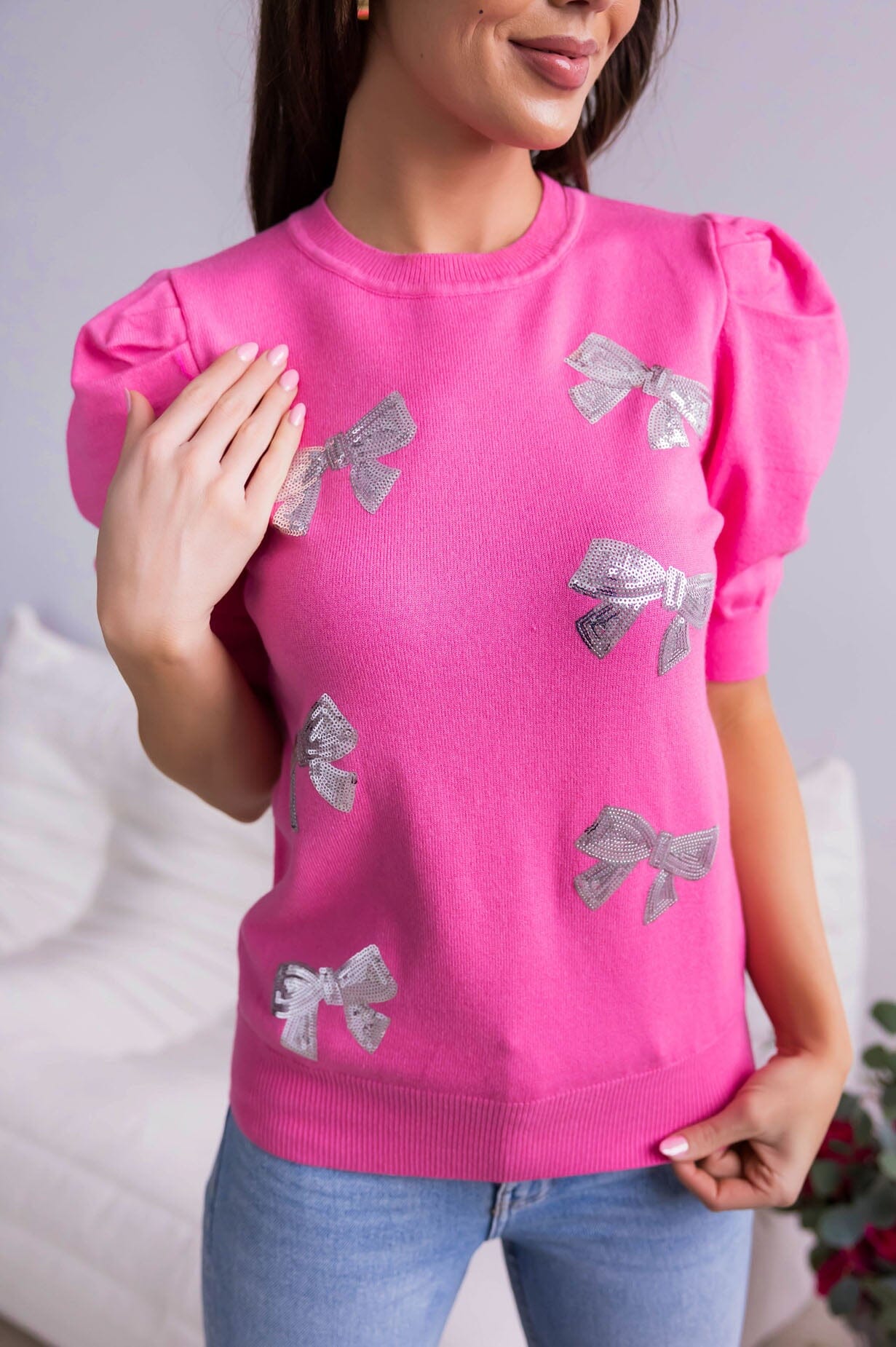 Pretty In Bows Puff Sleeve Sweater Modest Dresses vendor-unknown