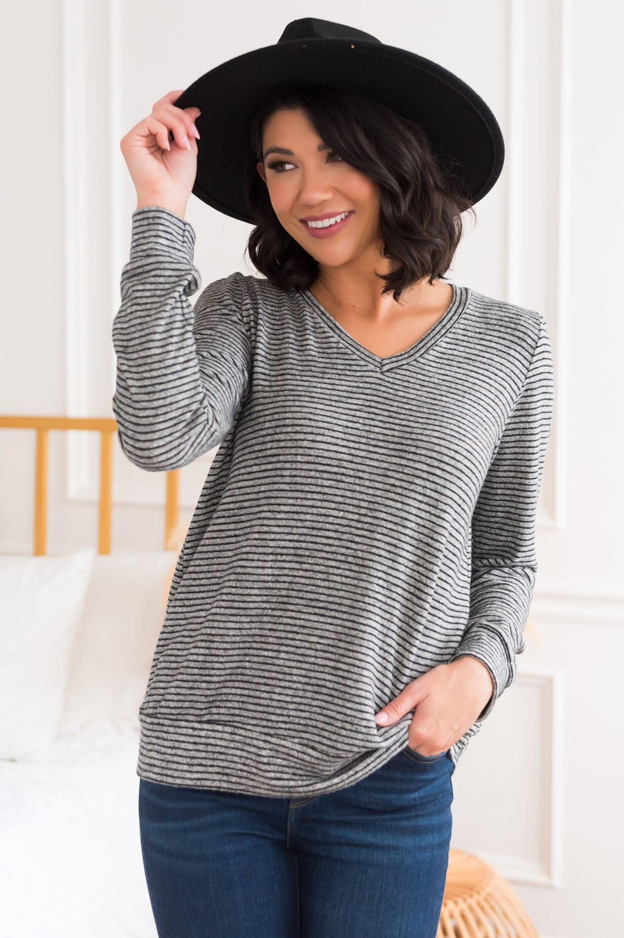 Cheerfully Complete Modest Striped Top Tops vendor-unknown
