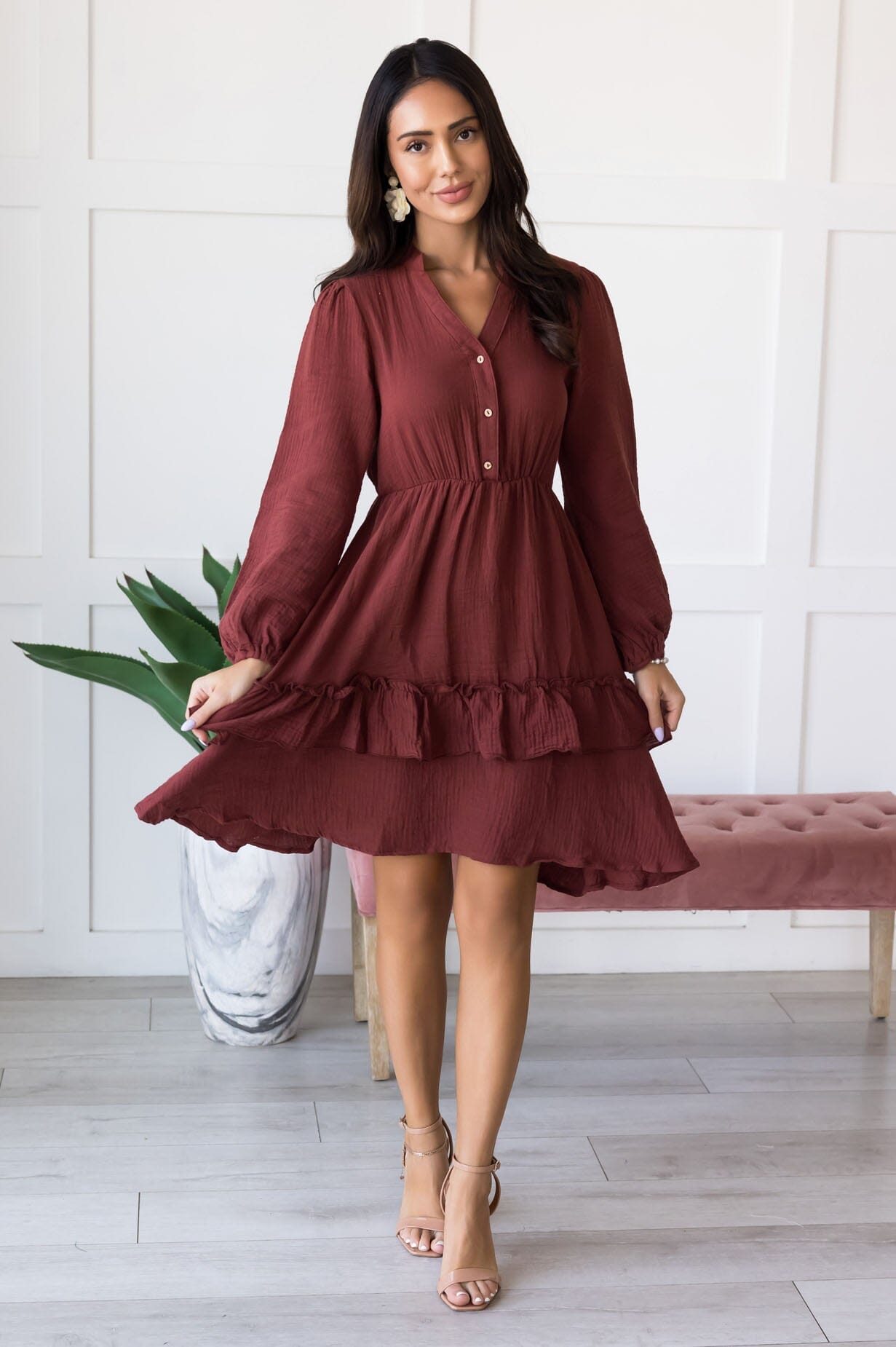 The Sandra Modest Ruffle Dress Redwood / M | NeeSee's Dresses The Sandra Modest Ruffle Dress Redwood / M | NeeSee's Dresses