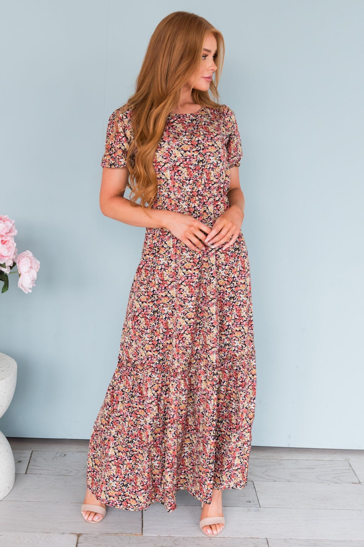 floral maxi dress modest Modest Khaki Floral Long Dress 22352HK