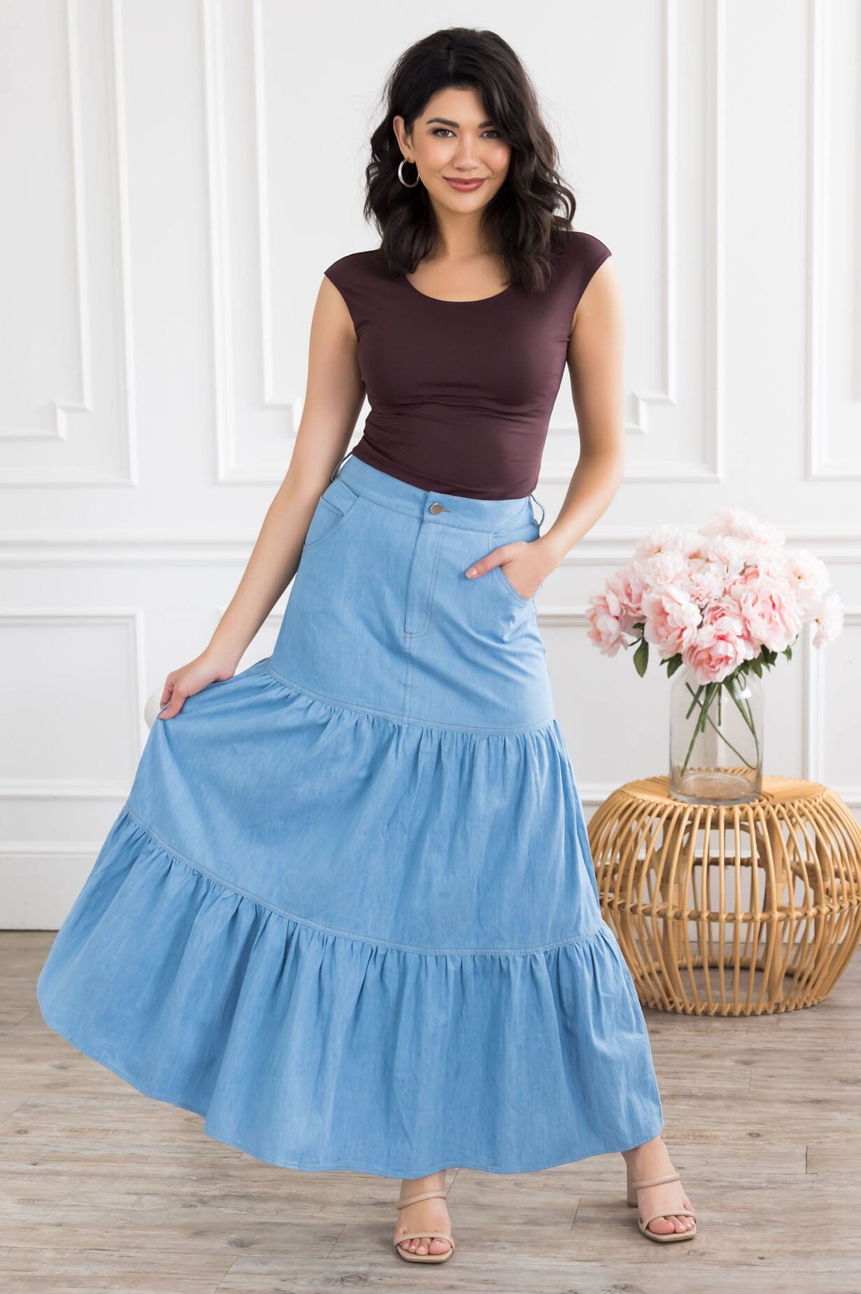 The Fiesta Denim Tiered Skirt Modest Dresses vendor-unknown