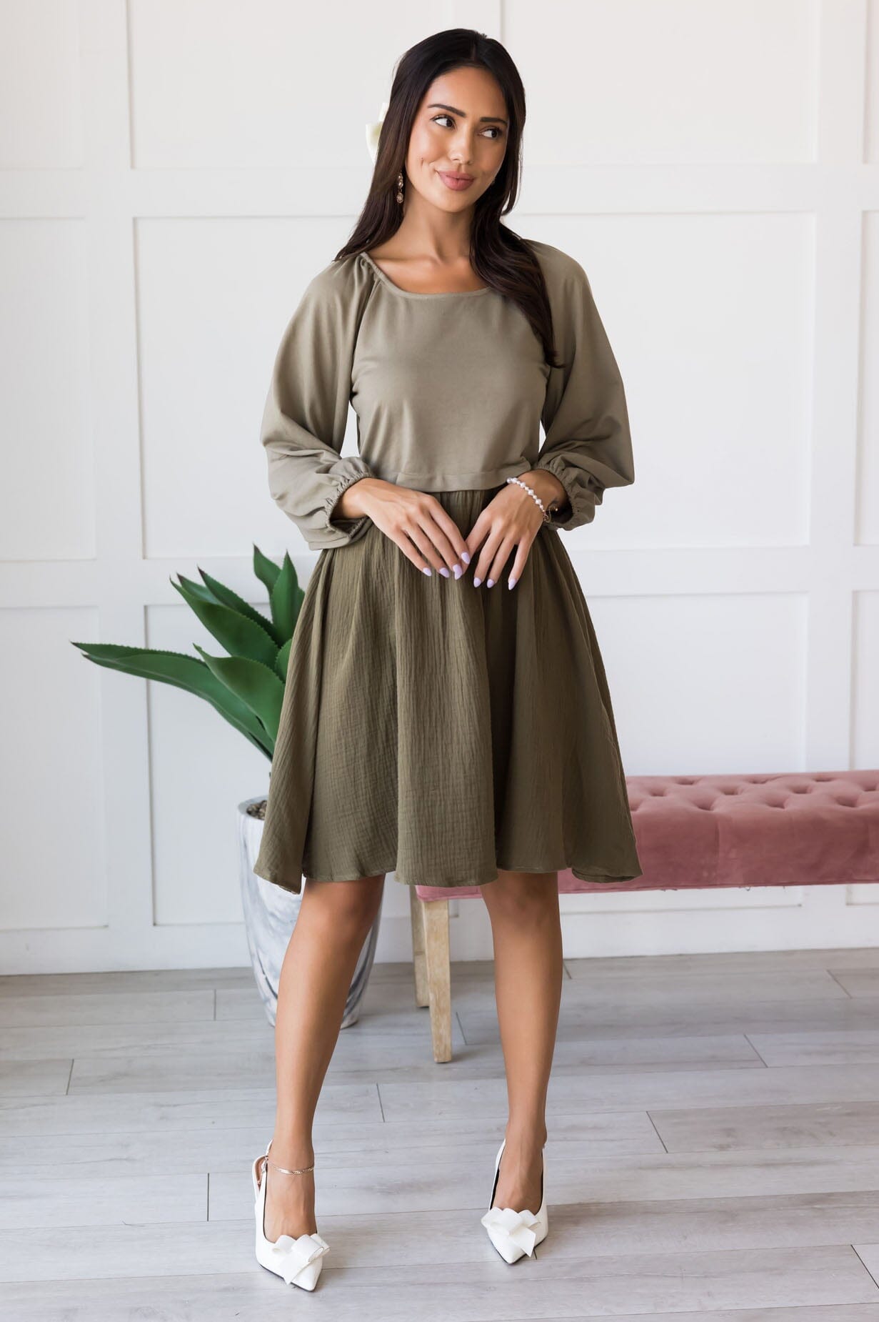 The Dawn Modest Flowy Dress Dusty Olive / 2XL | NeeSee's Dresses The Dawn Modest Flowy Dress Dusty Olive / 2XL | NeeSee's Dresses