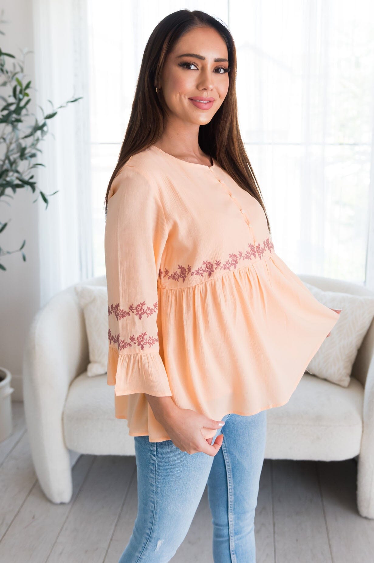 Bright Coral Flounce Embroidered Blouse Tops vendor-unknown