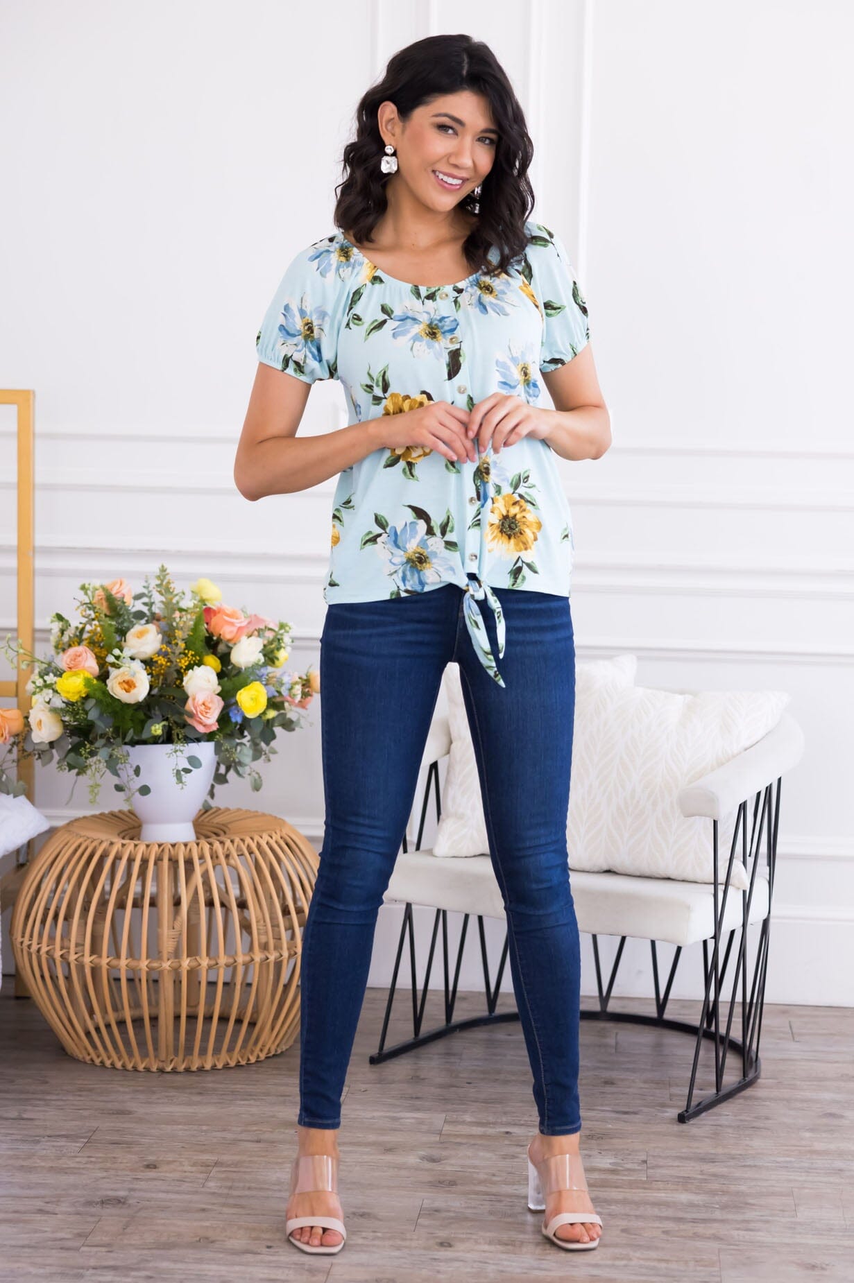 Sunflower Garden Tie Front Top Tops vendor-unknown