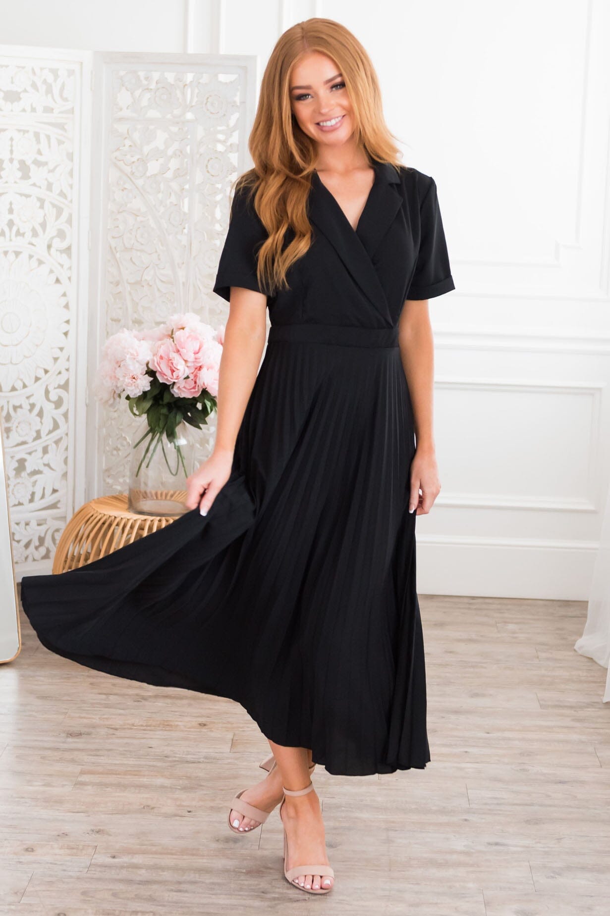open lace back dress The Kate Modest Pleated Dress