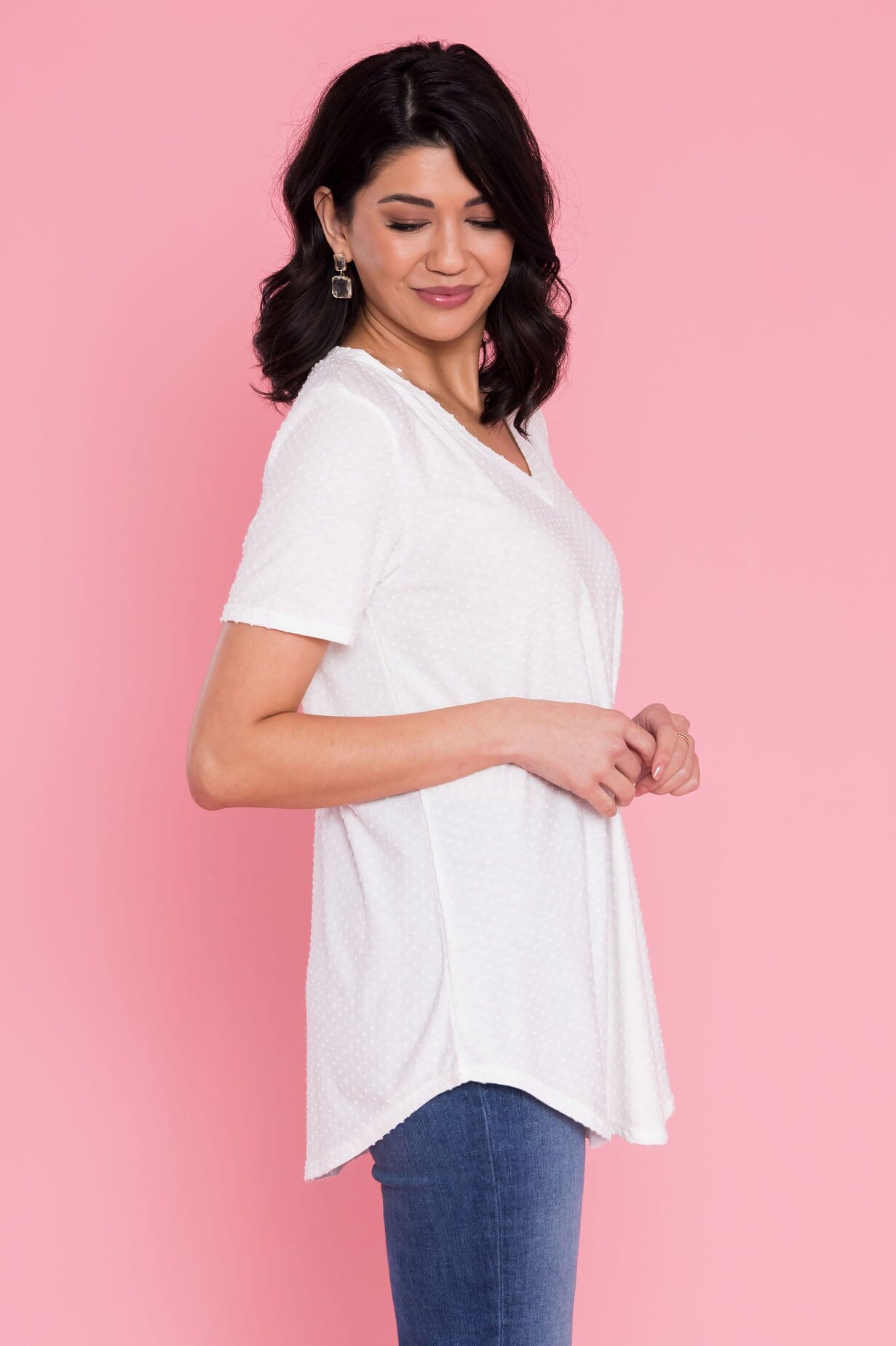 A Little Swiss Dot & Cheer V-Neck Top Modest Dresses vendor-unknown