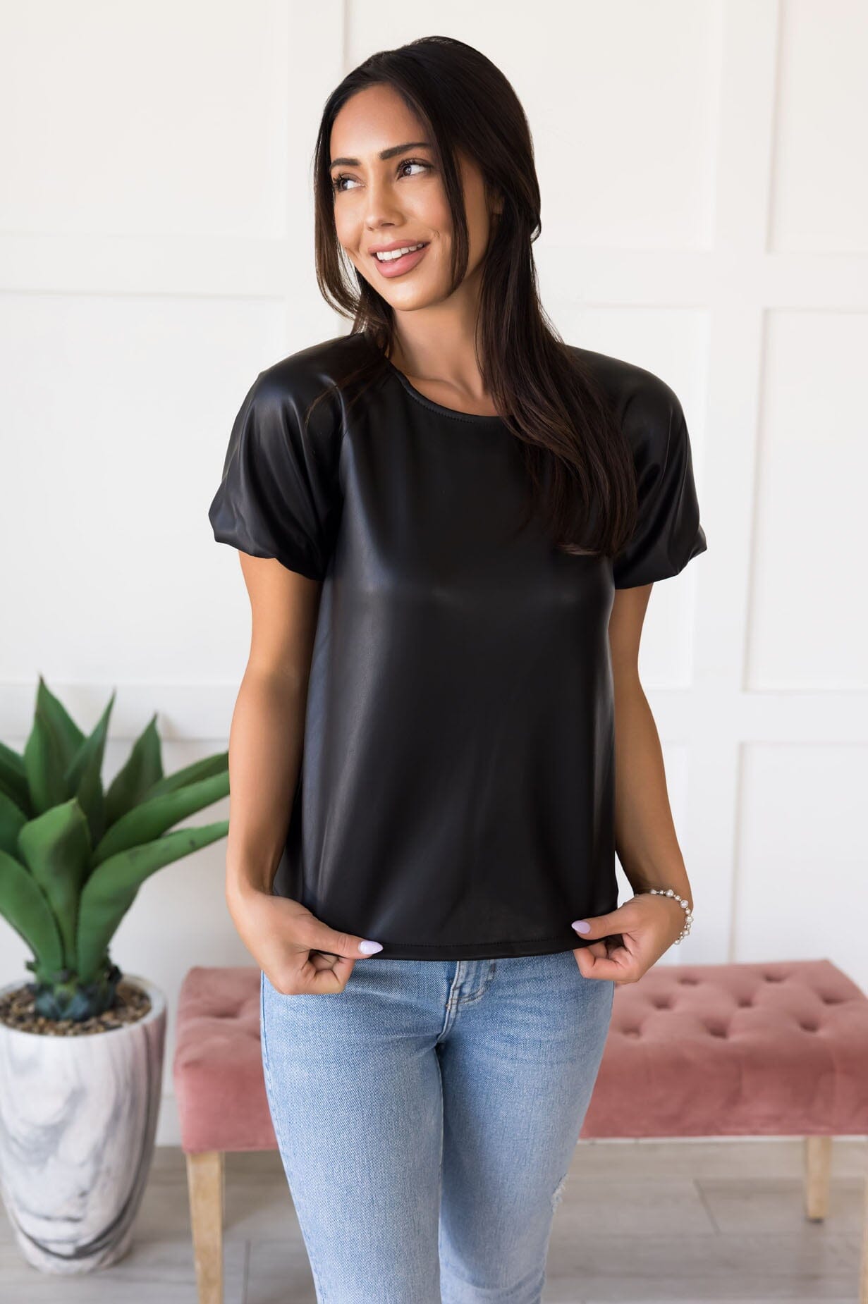 Gracious Faux Leather Blouse Tops vendor-unknown