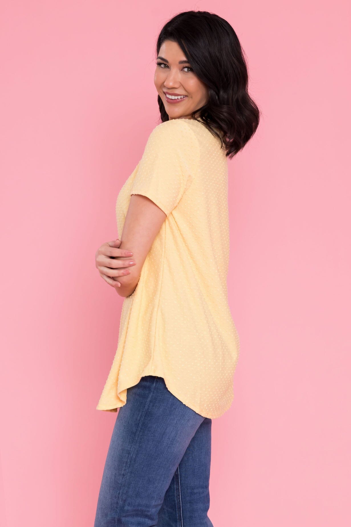 A Little Swiss Dot & Cheer V-Neck Top Modest Dresses vendor-unknown