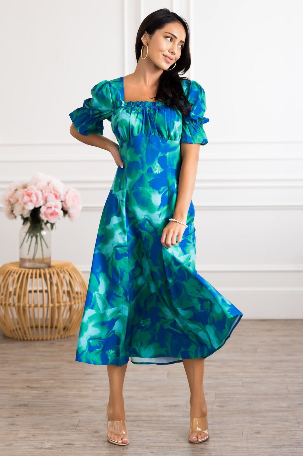 blue floral modest dress Navy Tiered Lace Floral Gown | Liylah main image 0