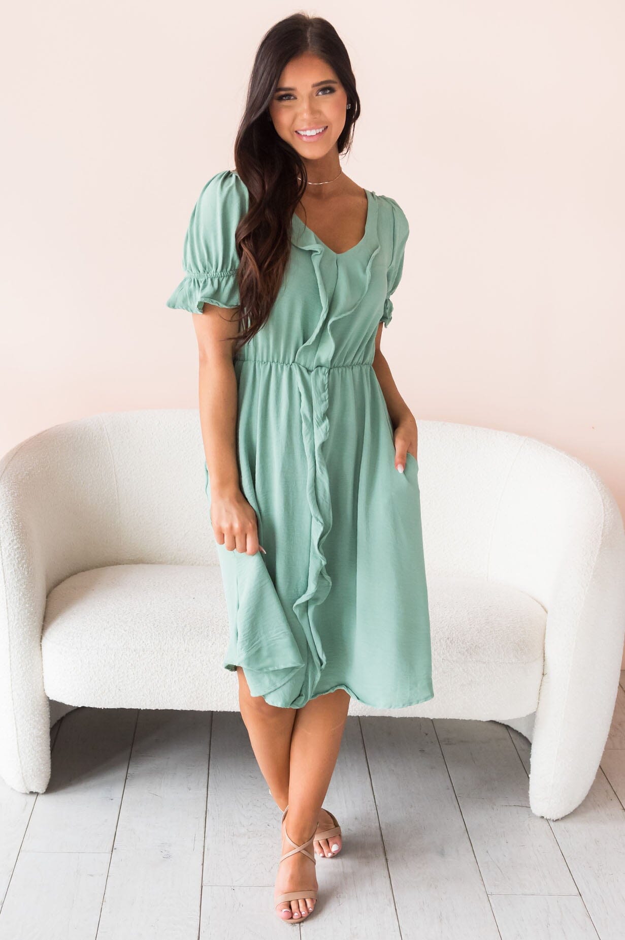 sage green dress modest The Maria Kate Modest Ruffled Dress