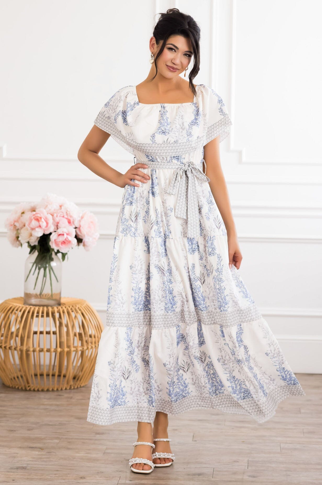 chinese dress ladies Elegant Modest Floral Maxi Dress with Detachable Belt