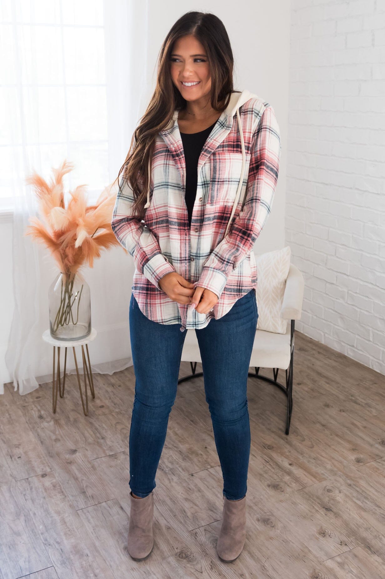 Always Go For Plaid Modest Button Front Hoodie Modest Dresses vendor-unknown