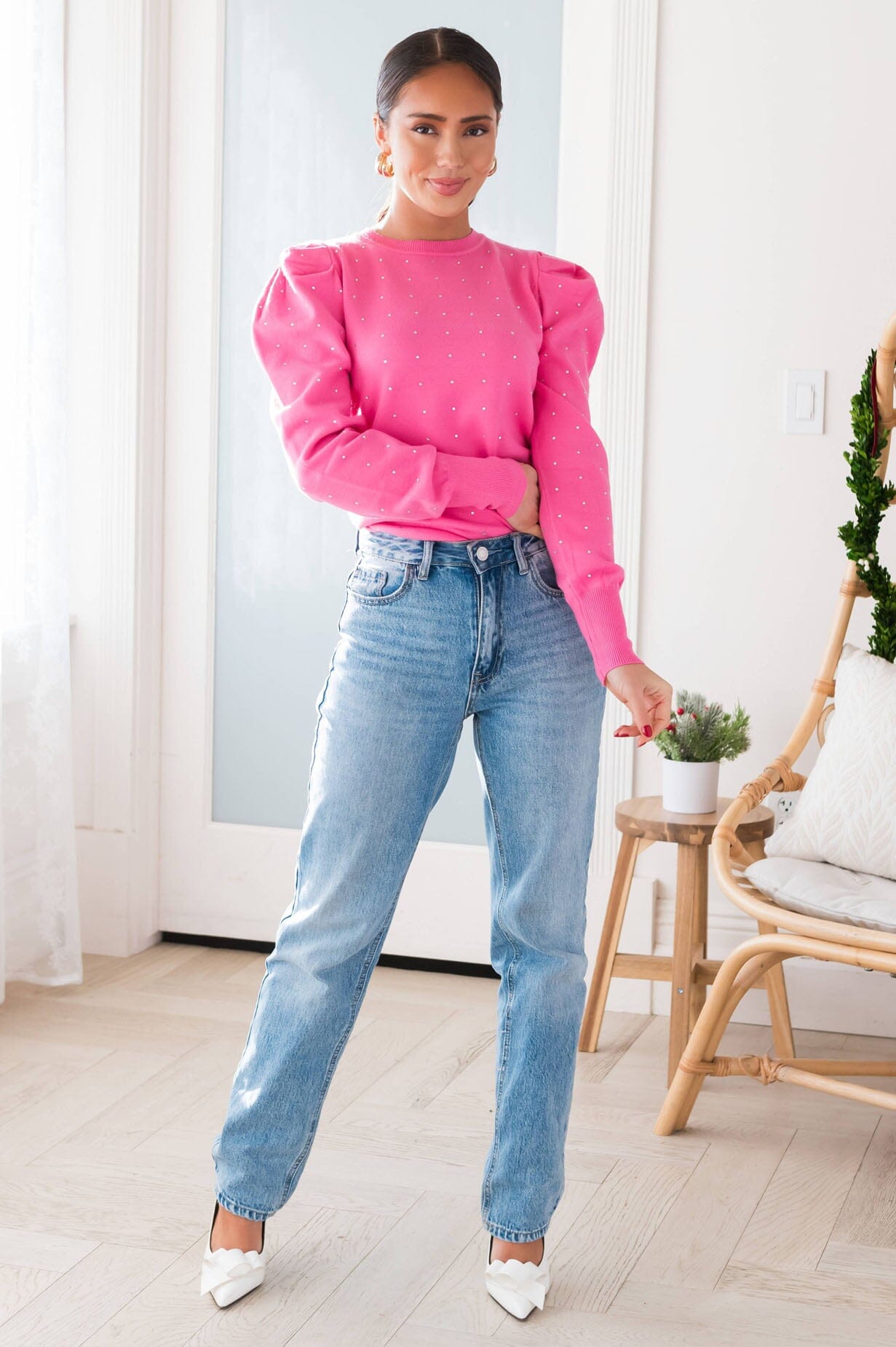 Puffed & Pretty Rhinestone Sweater Modest Dresses vendor-unknown