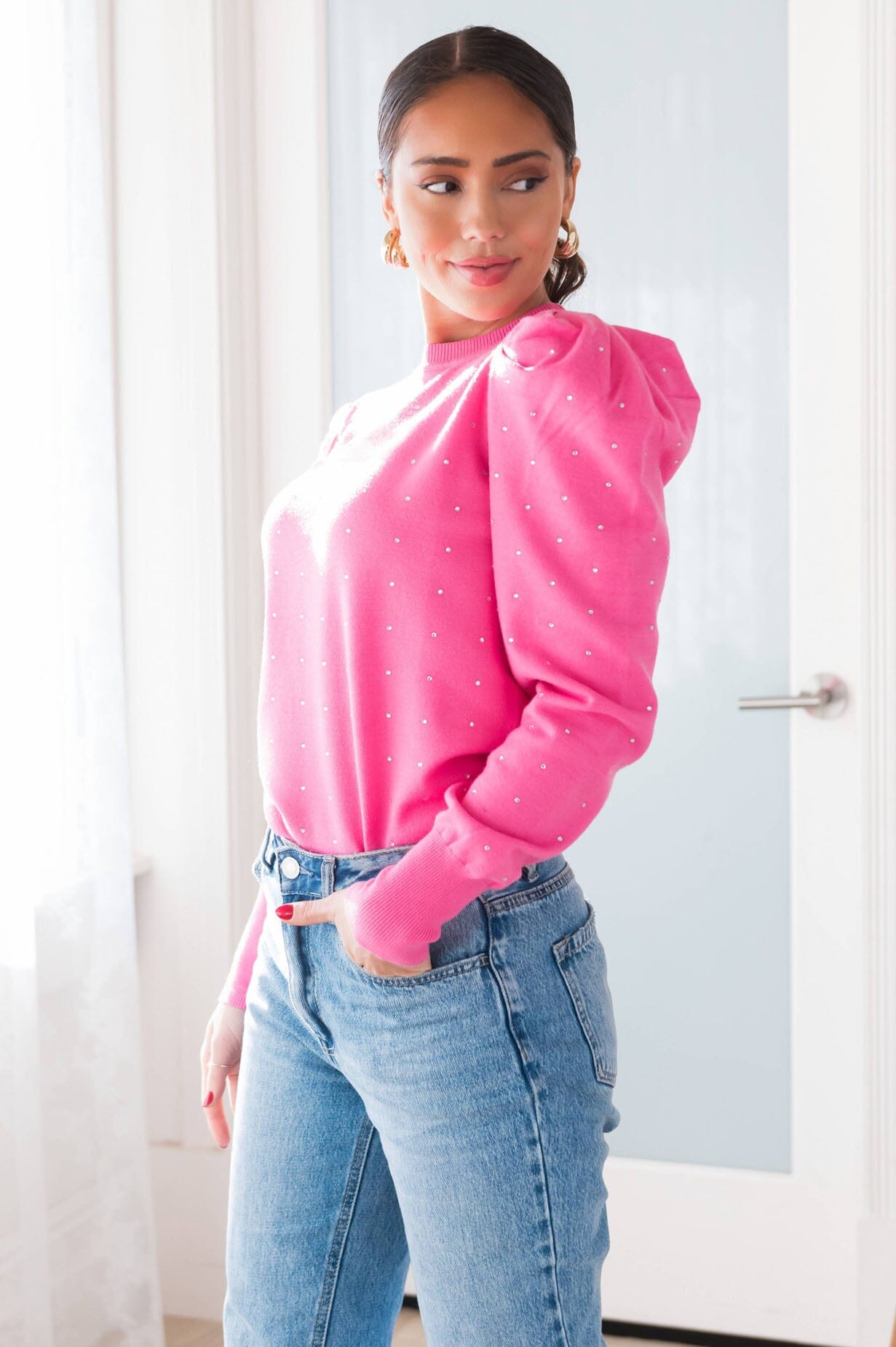 Puffed & Pretty Rhinestone Sweater Modest Dresses vendor-unknown