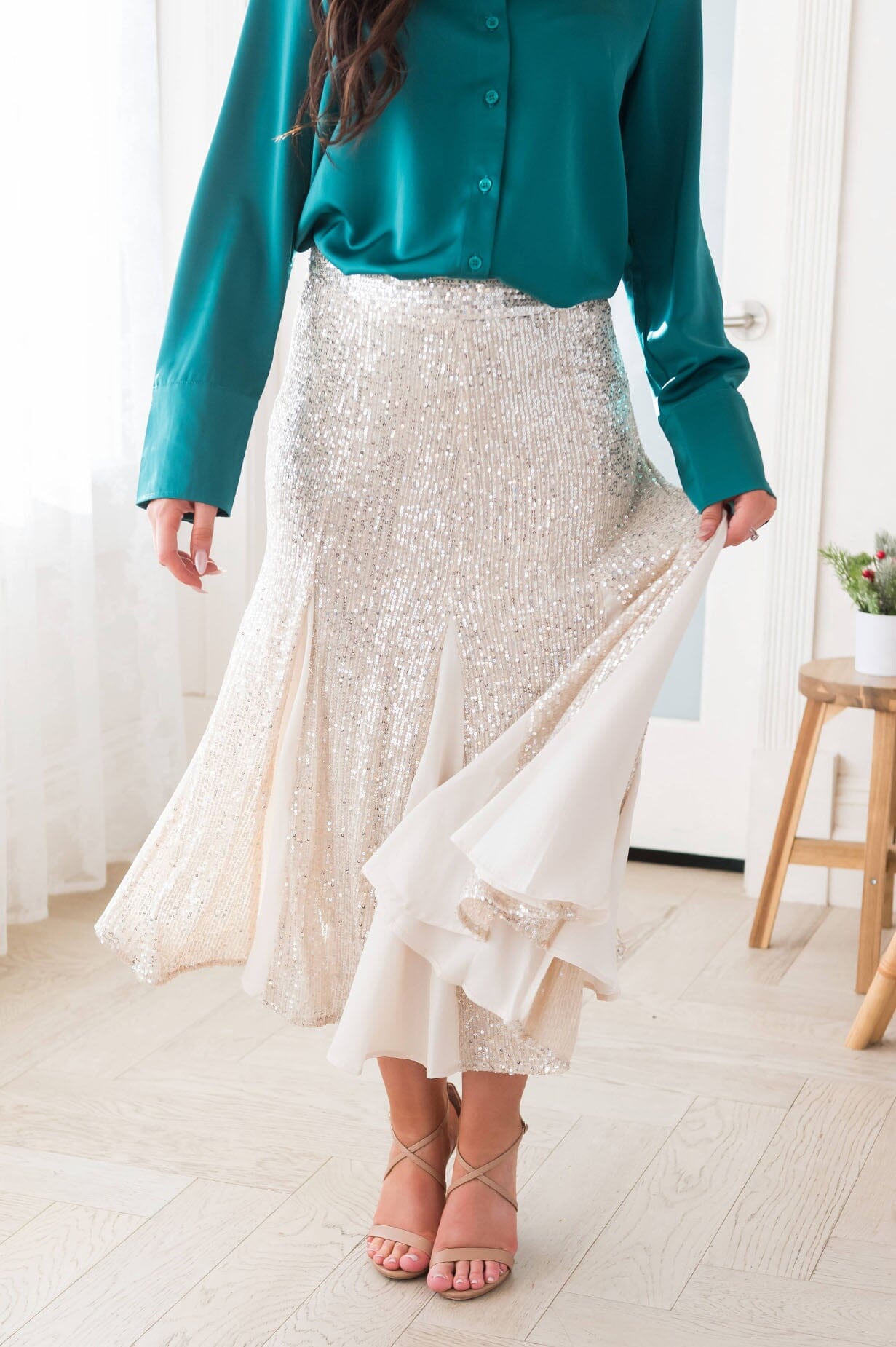 Twirling Shimmer Sequin Godet Skirt Skirts vendor-unknown