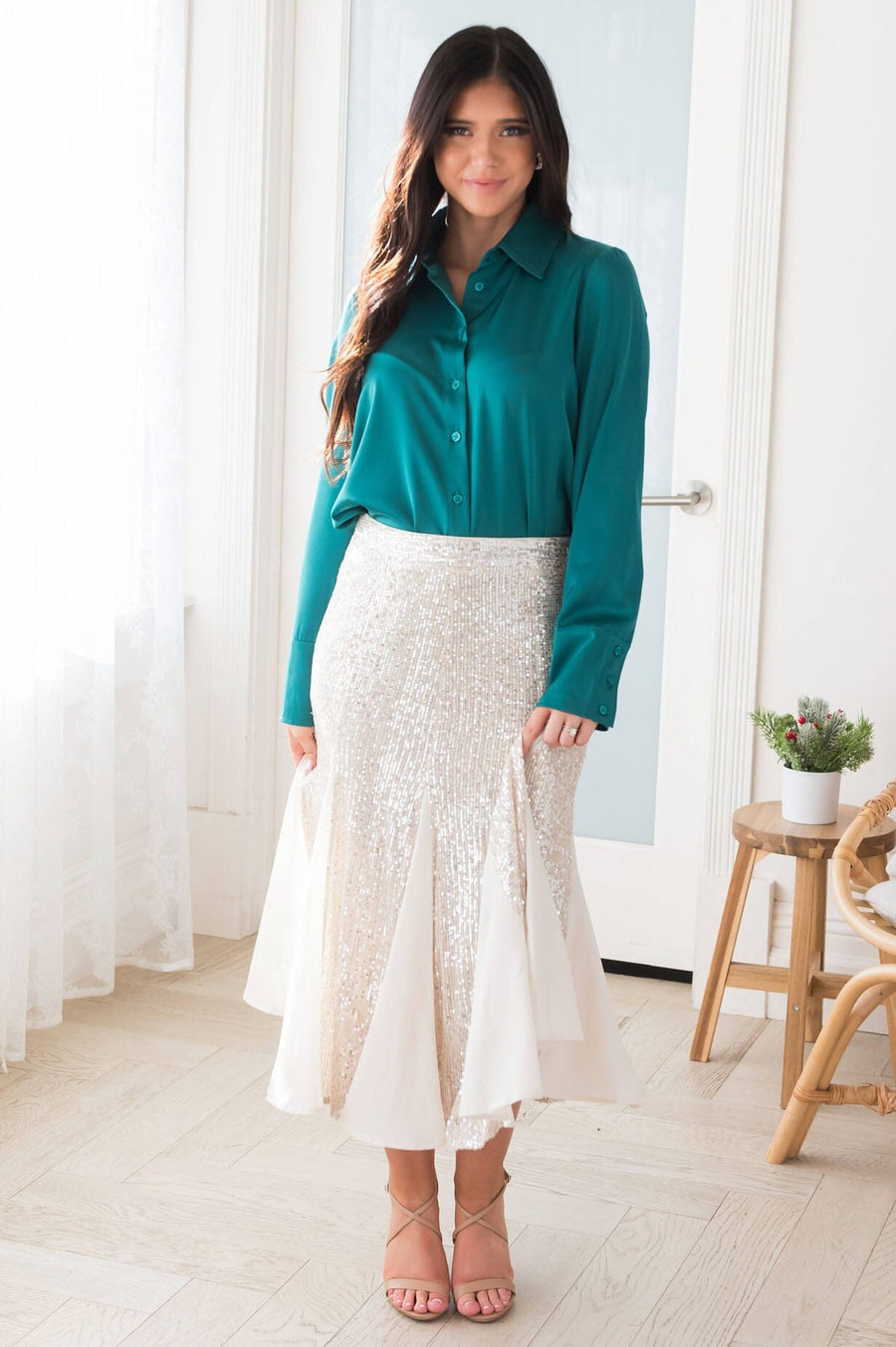 Twirling Shimmer Sequin Godet Skirt
