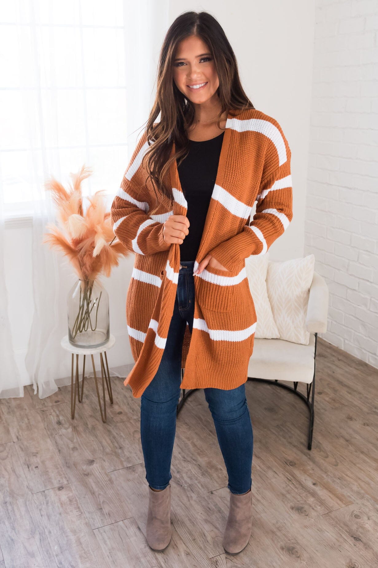 Ever So Stylish Modest Striped Cardigan Tops vendor-unknown