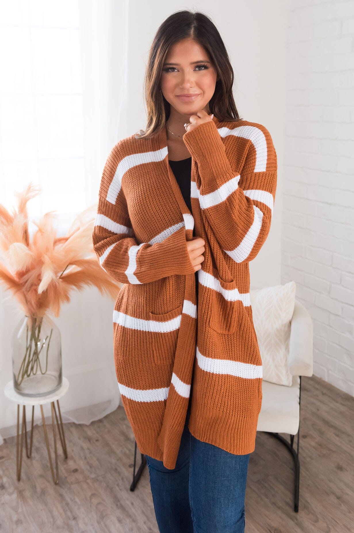 Ever So Stylish Modest Striped Cardigan Tops vendor-unknown