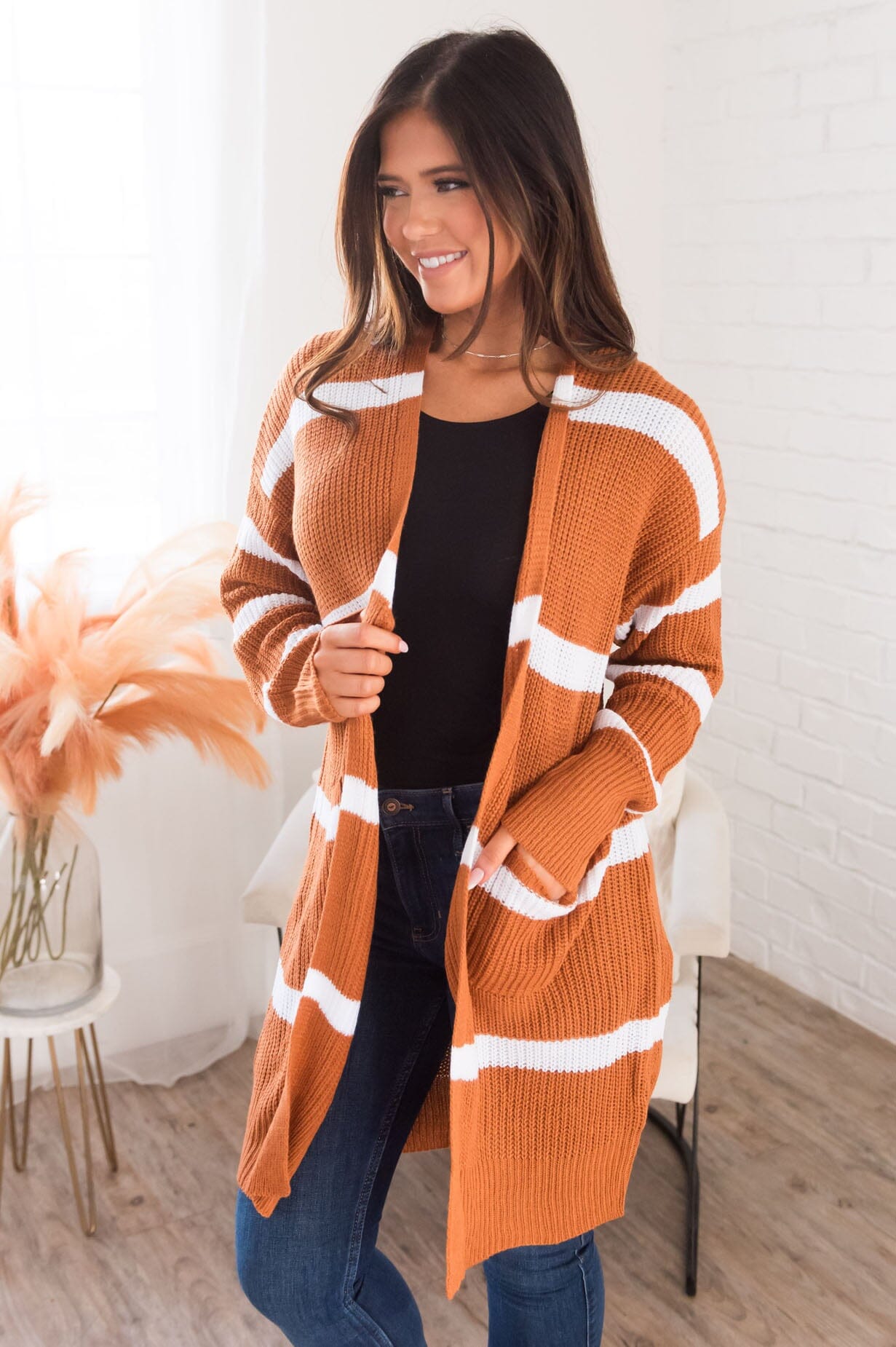 Ever So Stylish Modest Striped Cardigan Tops vendor-unknown