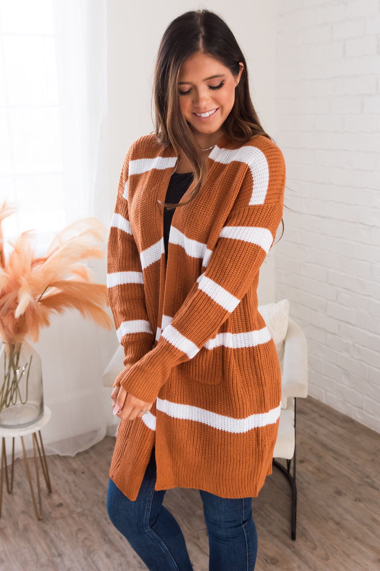 Ever So Stylish Modest Striped Cardigan Tops vendor-unknown