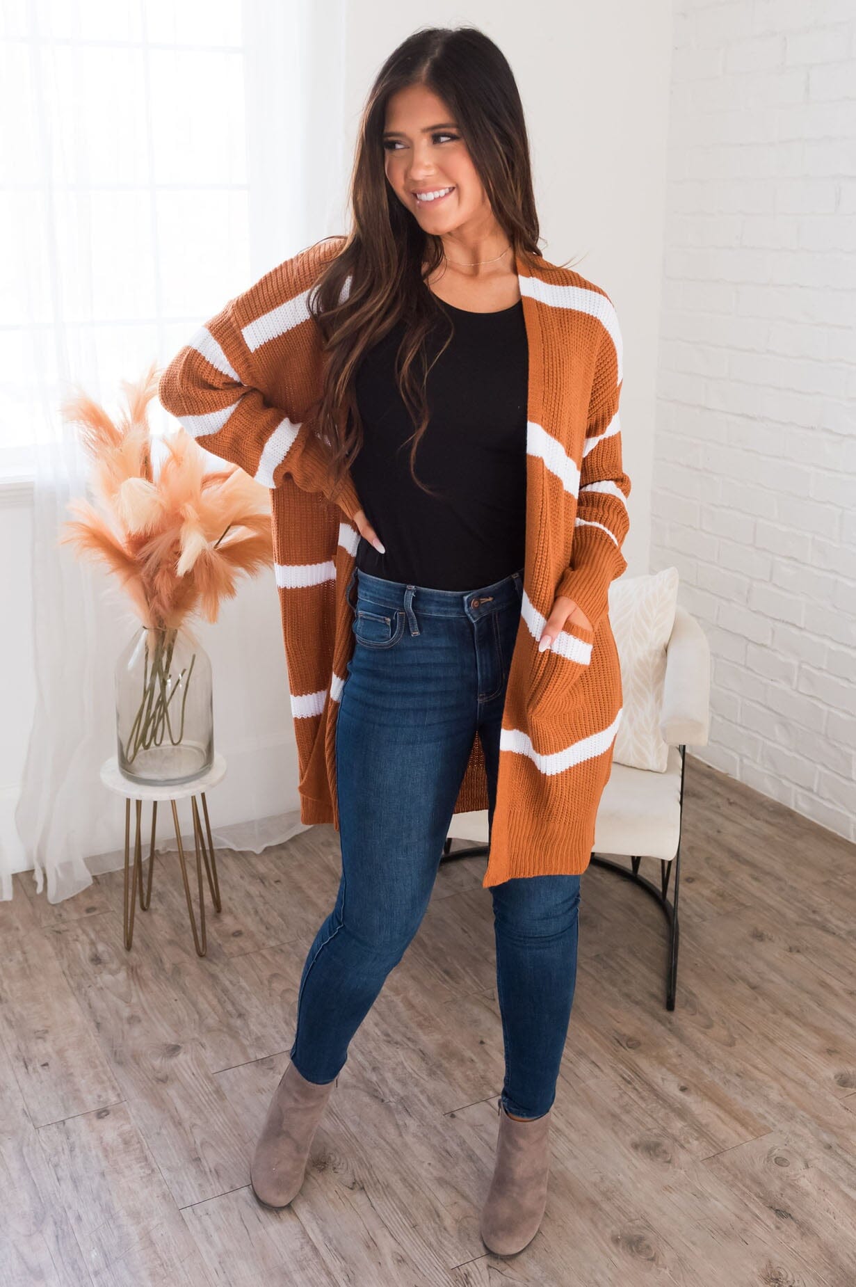 Ever So Stylish Modest Striped Cardigan Tops vendor-unknown