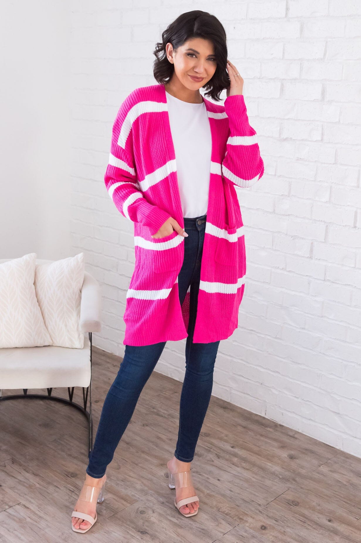 Ever So Stylish Modest Striped Cardigan Tops vendor-unknown