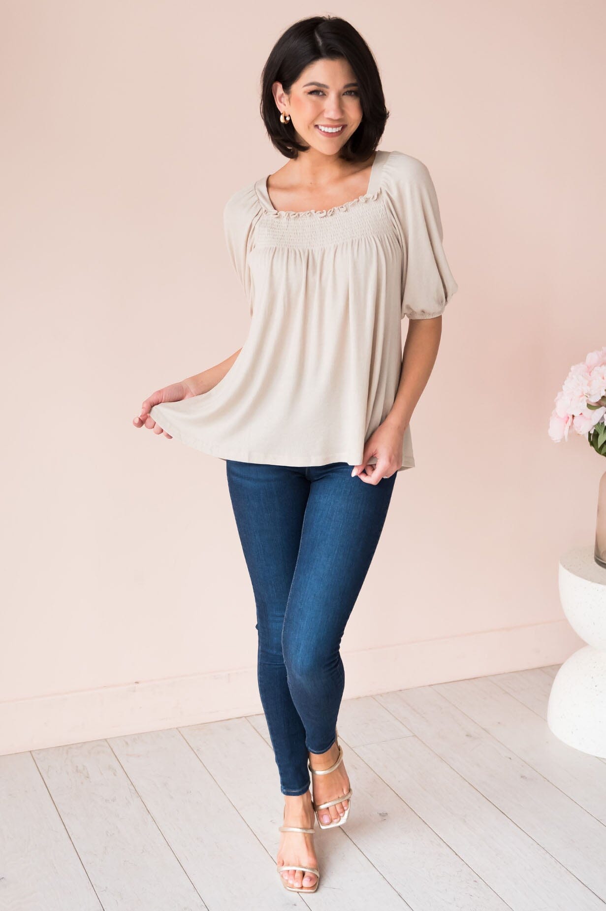 Humble Beginnings Modest Smocked Top Tops vendor-unknown
