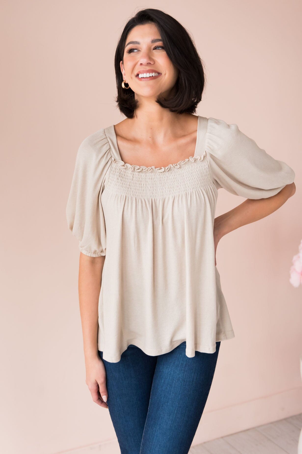 Humble Beginnings Modest Smocked Top Tops vendor-unknown