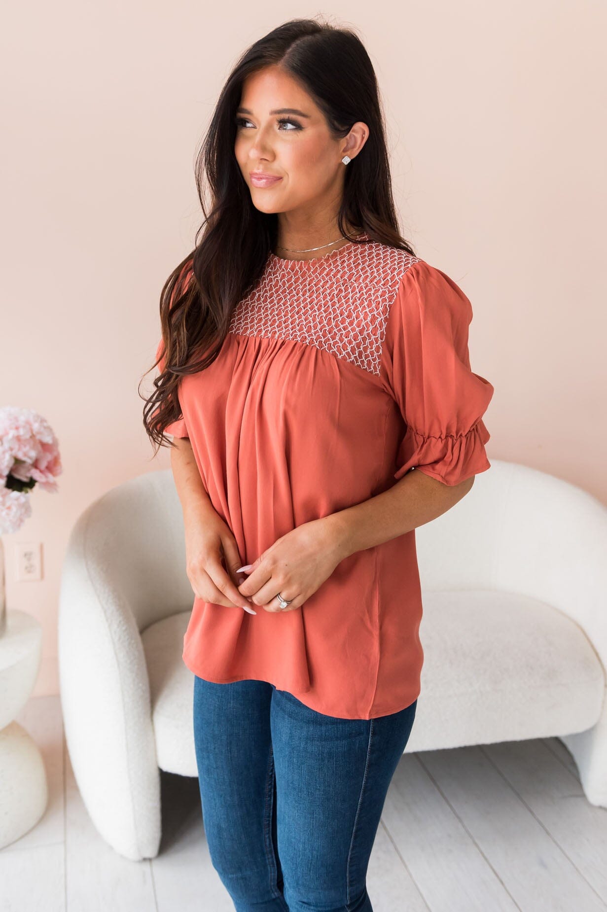 Drift Away Embroidered Modest Blouse Tops vendor-unknown