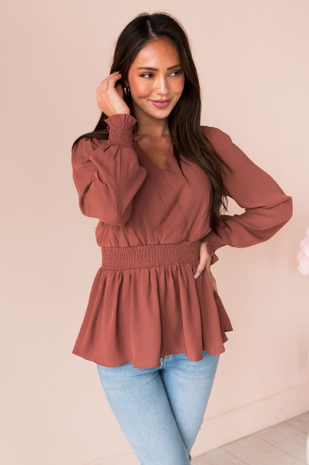 New Friends Modest Peplum Top Tops vendor-unknown