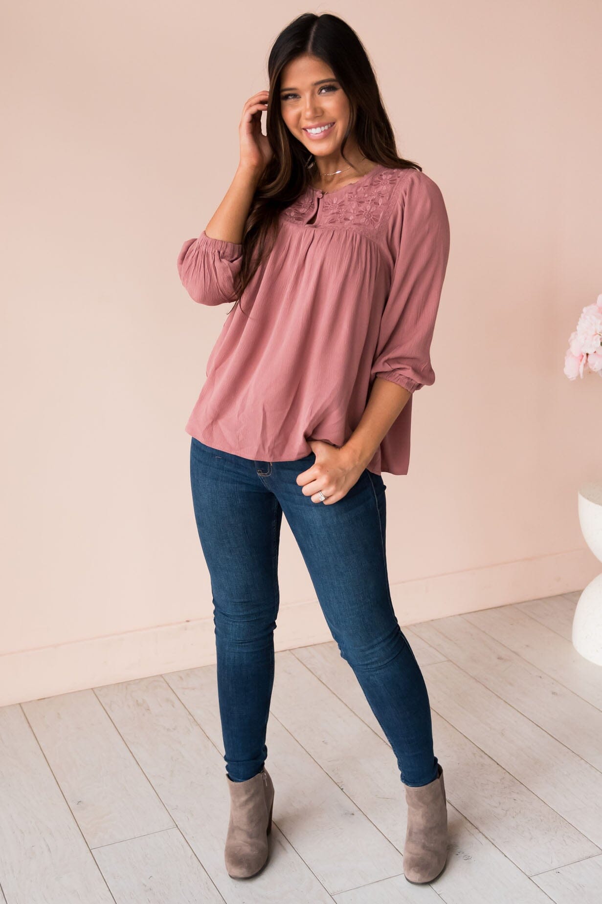 Mix It Up Modest Embroidered Top Tops vendor-unknown