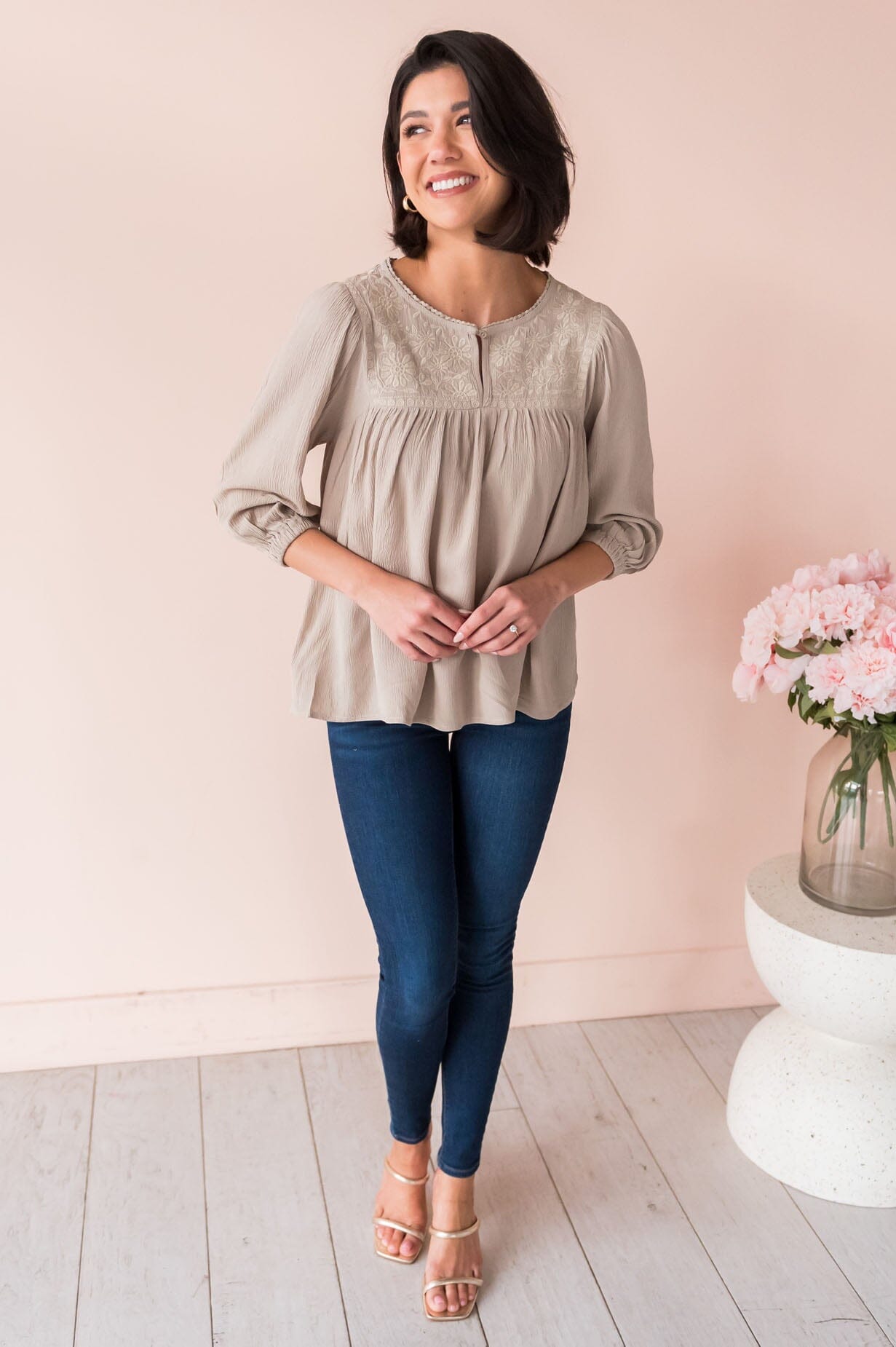 Mix It Up Modest Embroidered Top Tops vendor-unknown