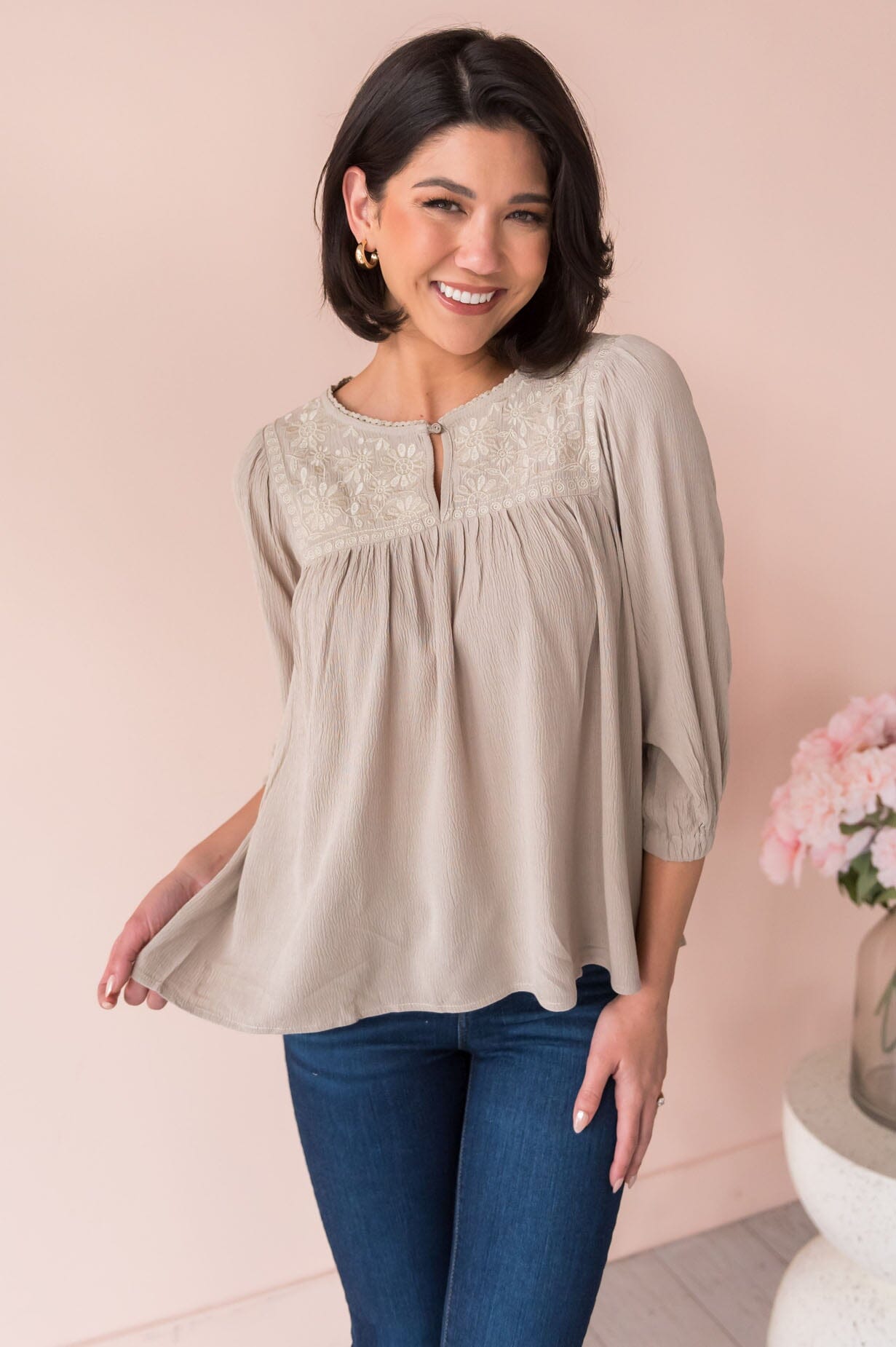 Mix It Up Modest Embroidered Top Tops vendor-unknown
