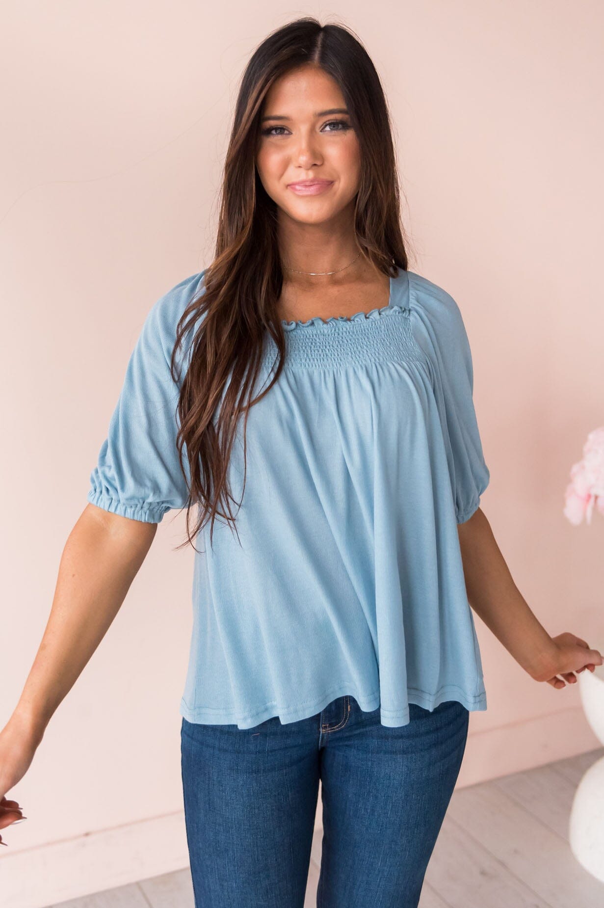 Humble Beginnings Modest Smocked Top Tops vendor-unknown