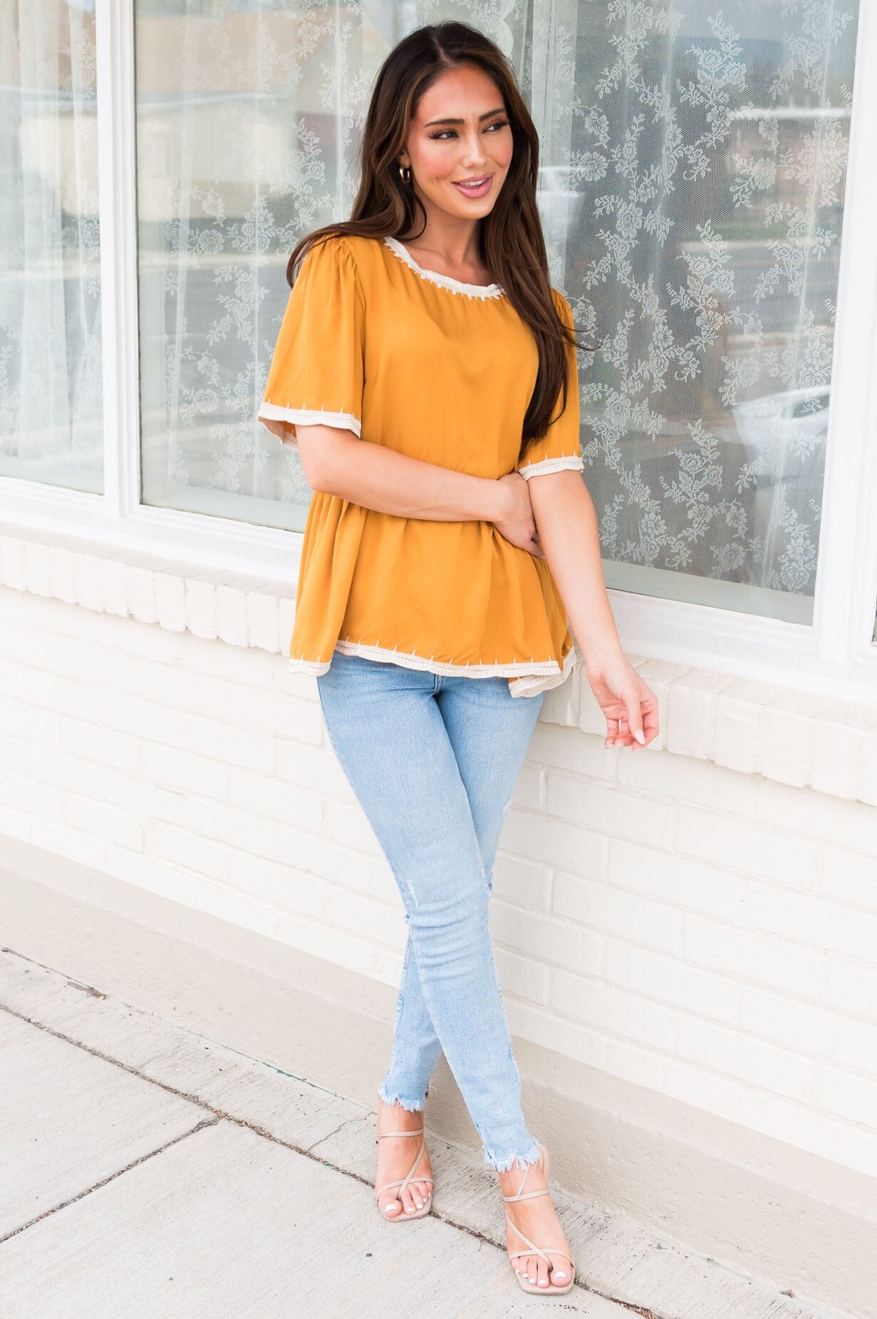 Predicting Joy Ahead Modest Peplum Blouse Tops vendor-unknown