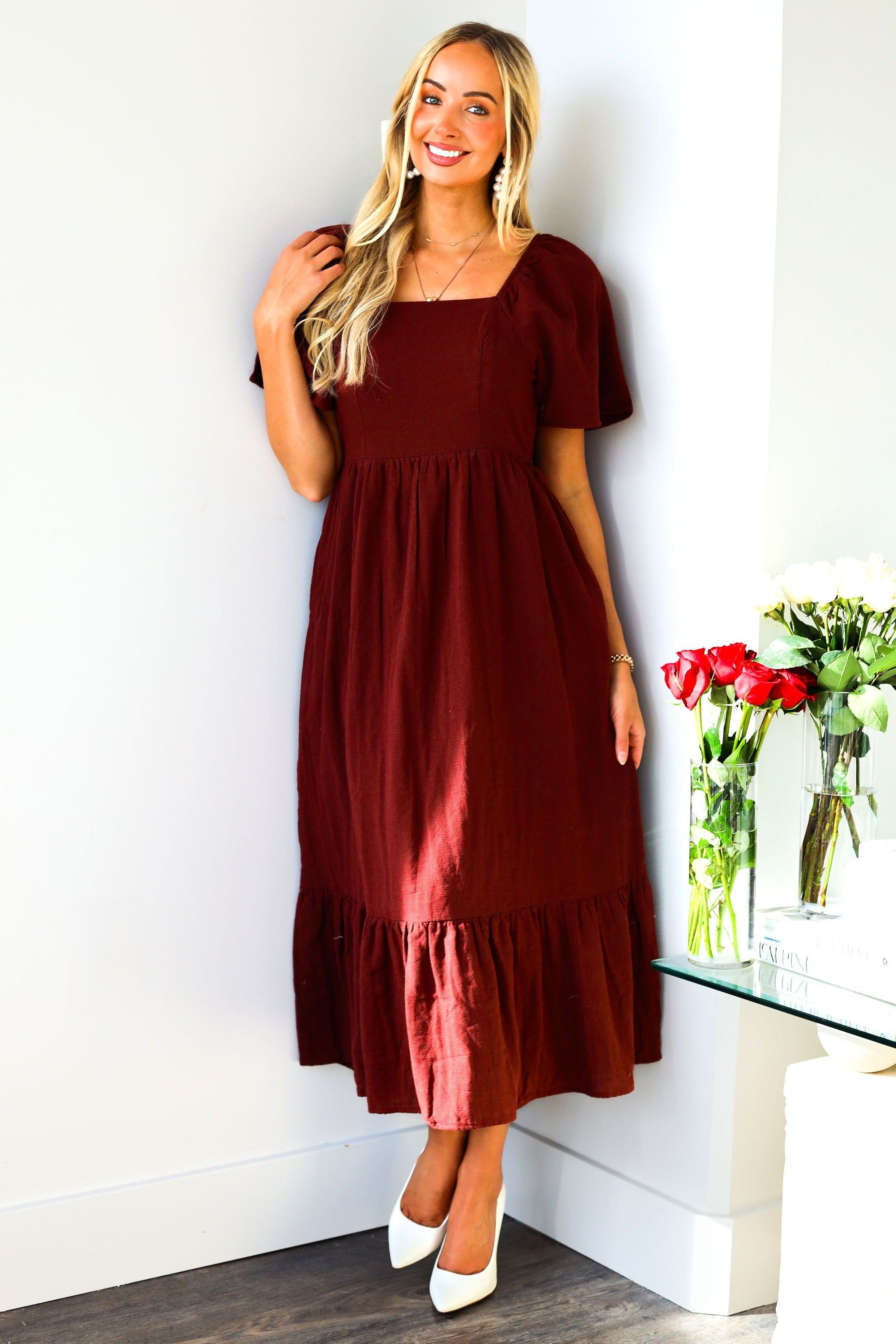 The Lynnie Modest Gingham Dress Burgundy/Grey Gingham / L