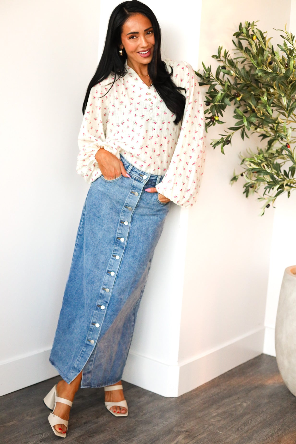 Denim Button Maxi Skirt